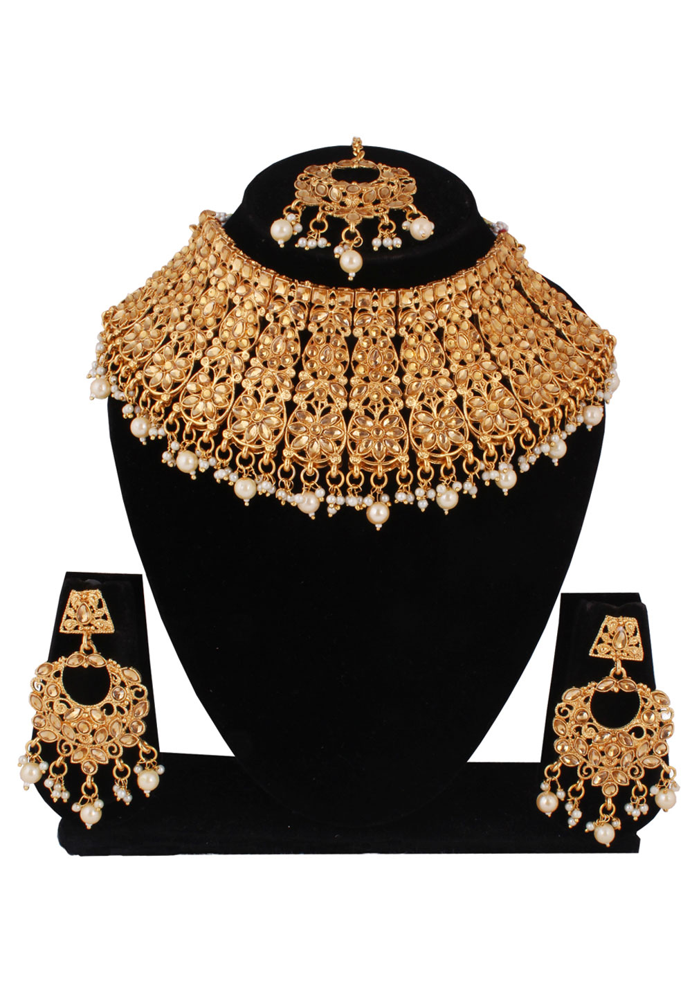 Off White Alloy Necklace Set With Earrings and Maang Tikka 257365