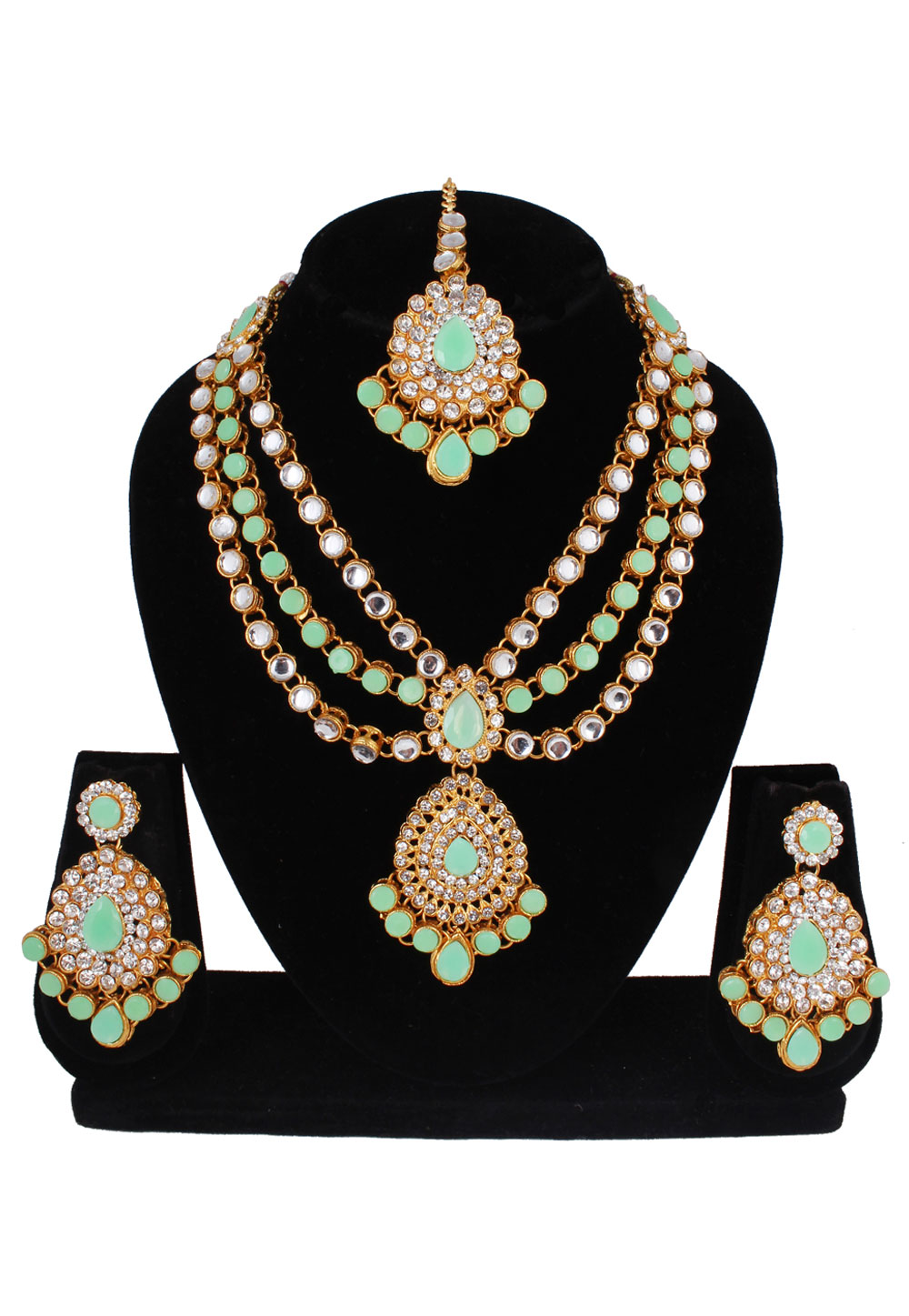 Sea Green Alloy Necklace Set With Earrings and Maang Tikka 257366