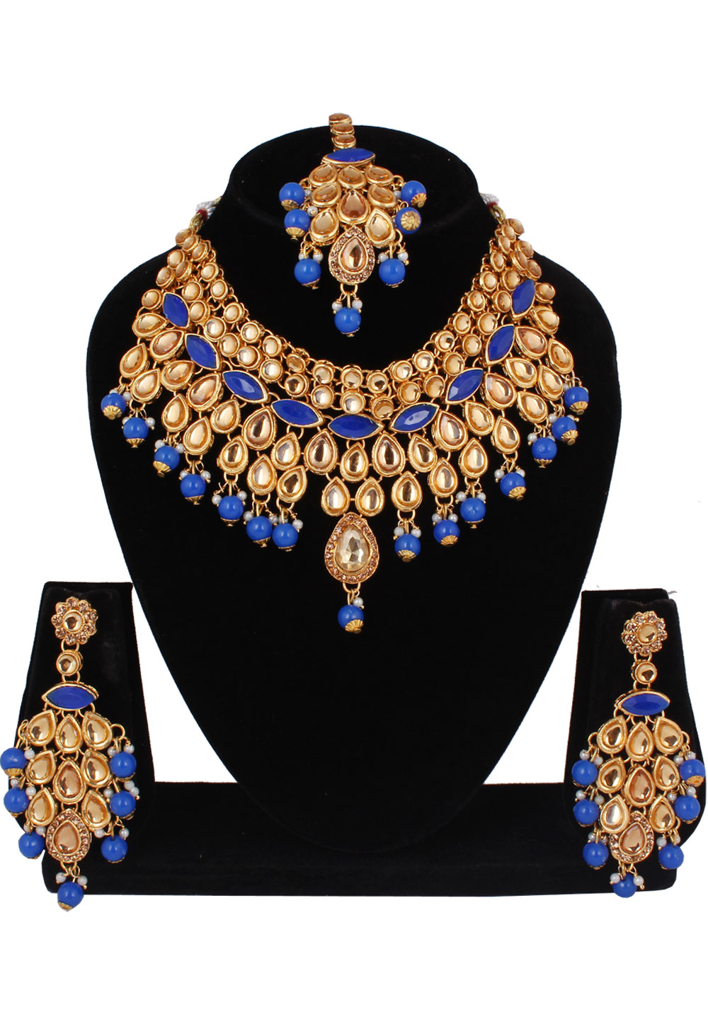 Blue Alloy Necklace Set With Earrings and Maang Tikka 257369