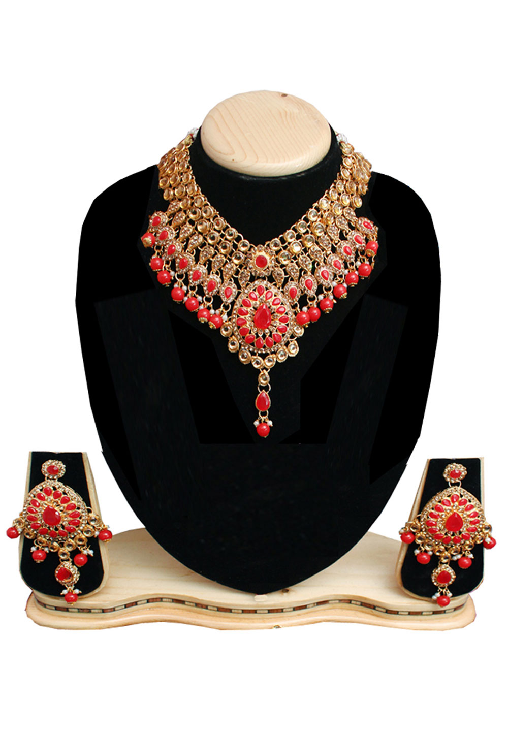 Red Alloy Necklace Set With Earrings and Maang Tikka 257370