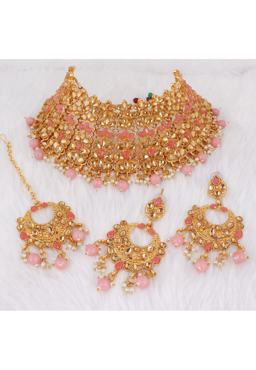 Pink Alloy Necklace Set With Earrings and Maang Tikka 257372