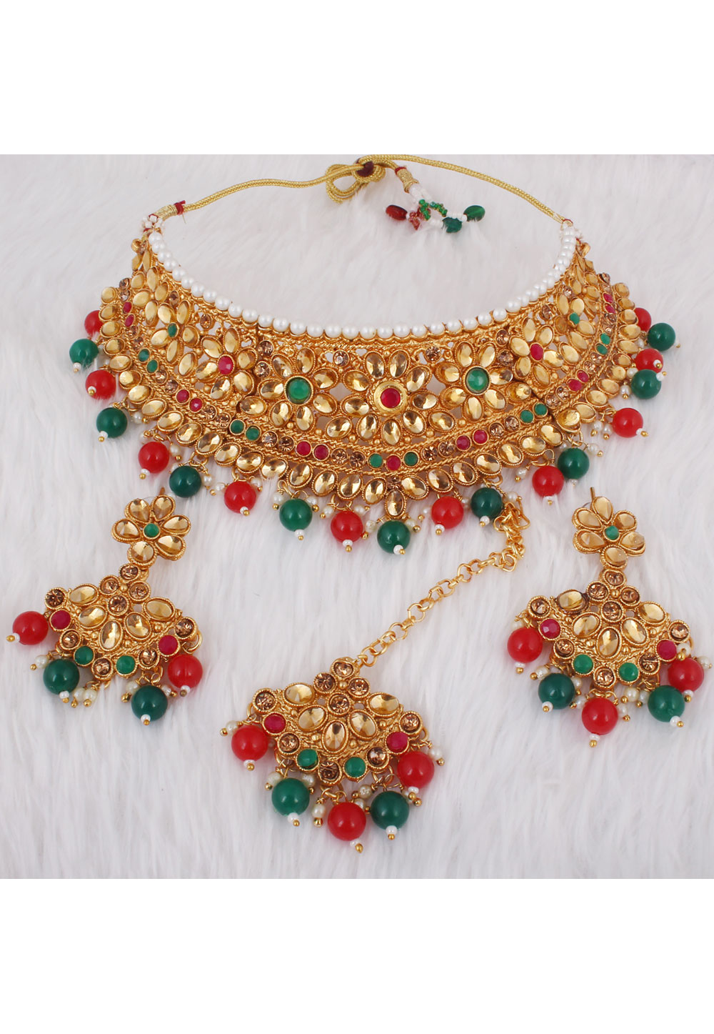 Green Alloy Necklace Set With Earrings and Maang Tikka 257377
