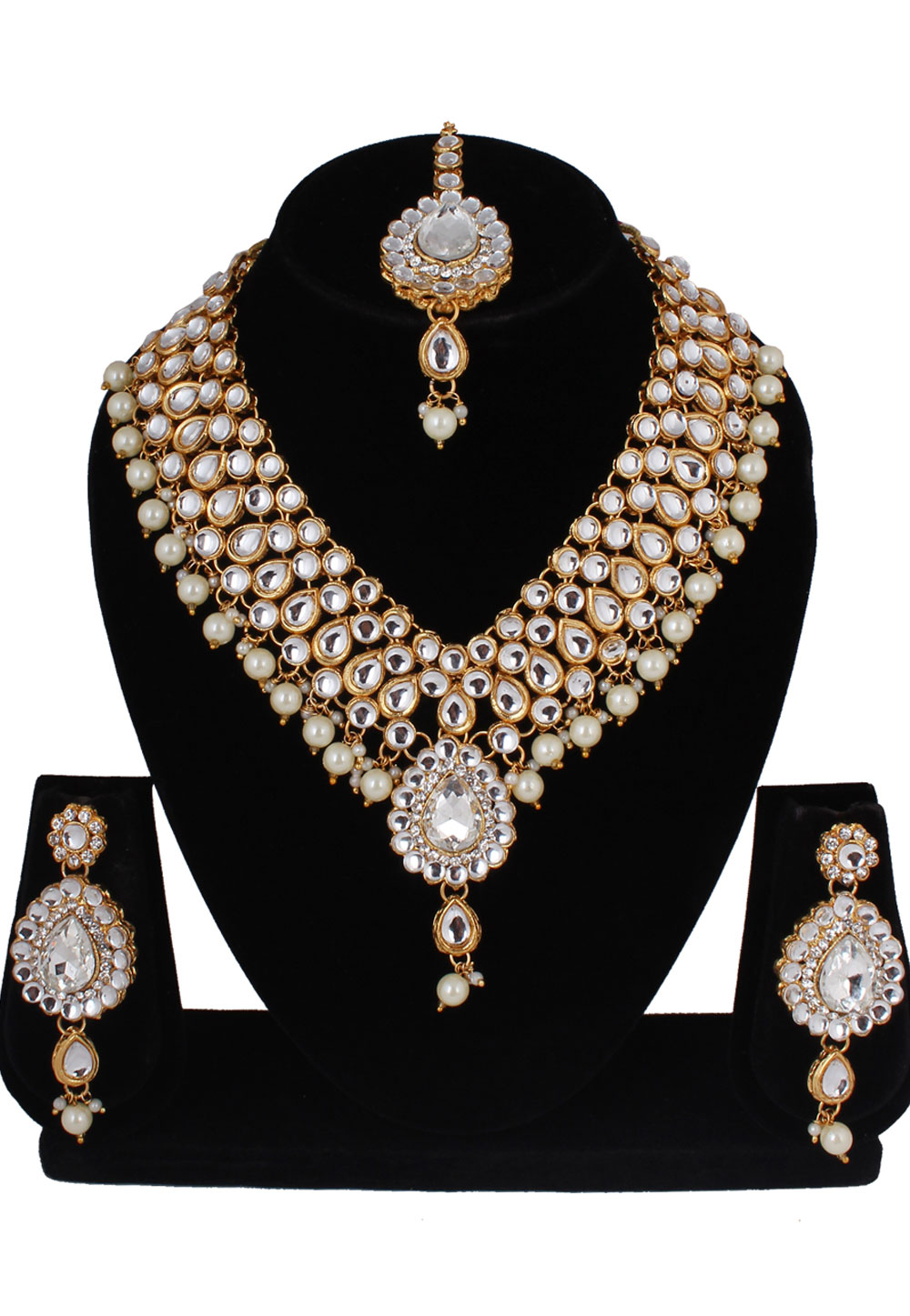 Off White Alloy Necklace Set With Earrings and Maang Tikka 257379