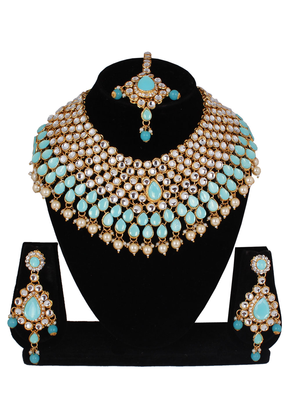 Sky Blue Alloy Necklace Set With Earrings and Maang Tikka 257388