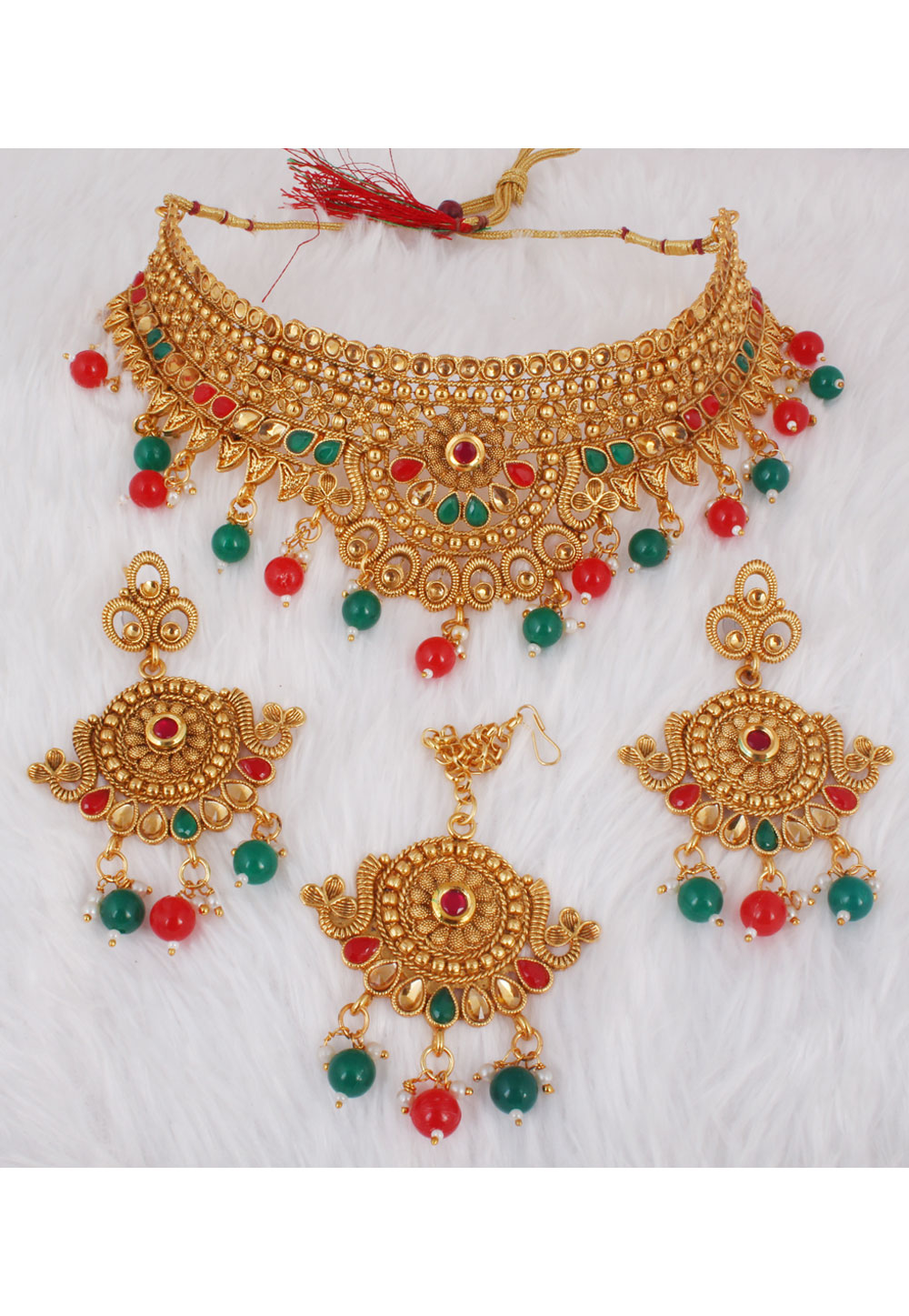Green Alloy Necklace Set With Earrings and Maang Tikka 257392