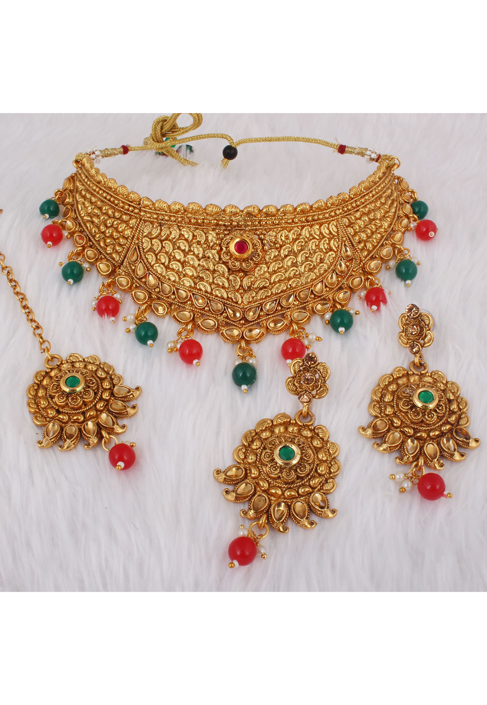 Red Alloy Necklace Set With Earrings and Maang Tikka 257394
