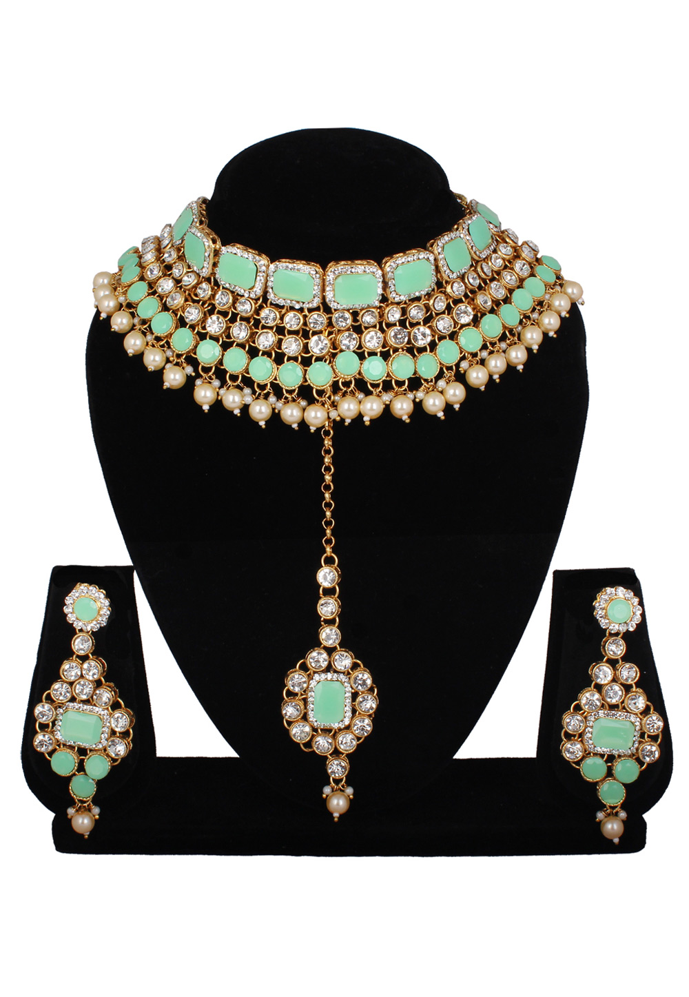 Sea Green Alloy Necklace Set With Earrings and Maang Tikka 257396