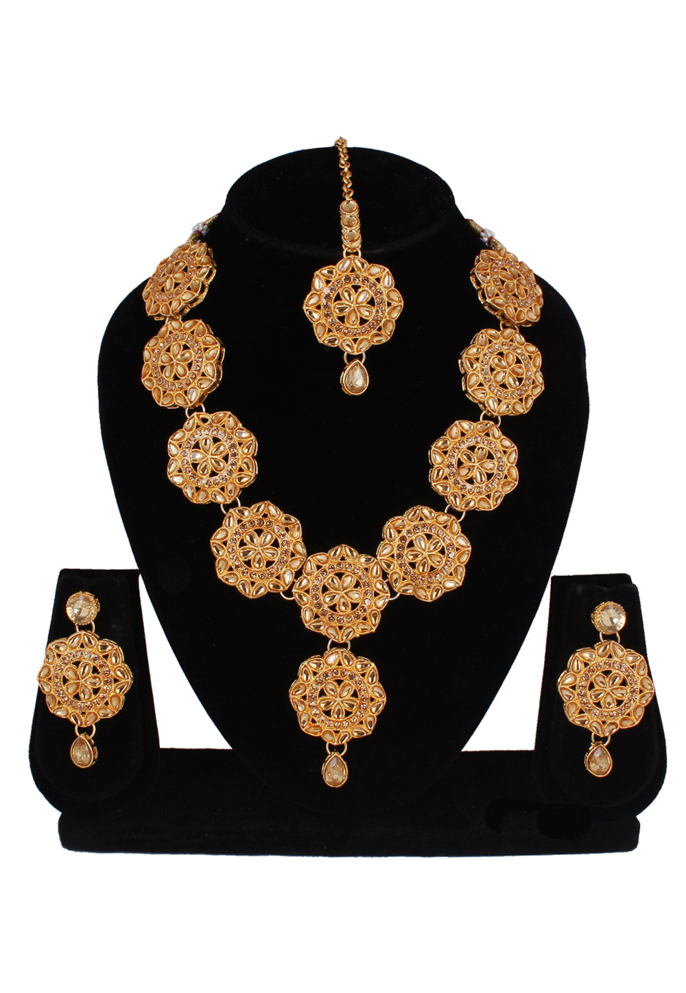 Golden Alloy Necklace Set With Earrings and Maang Tikka 257398
