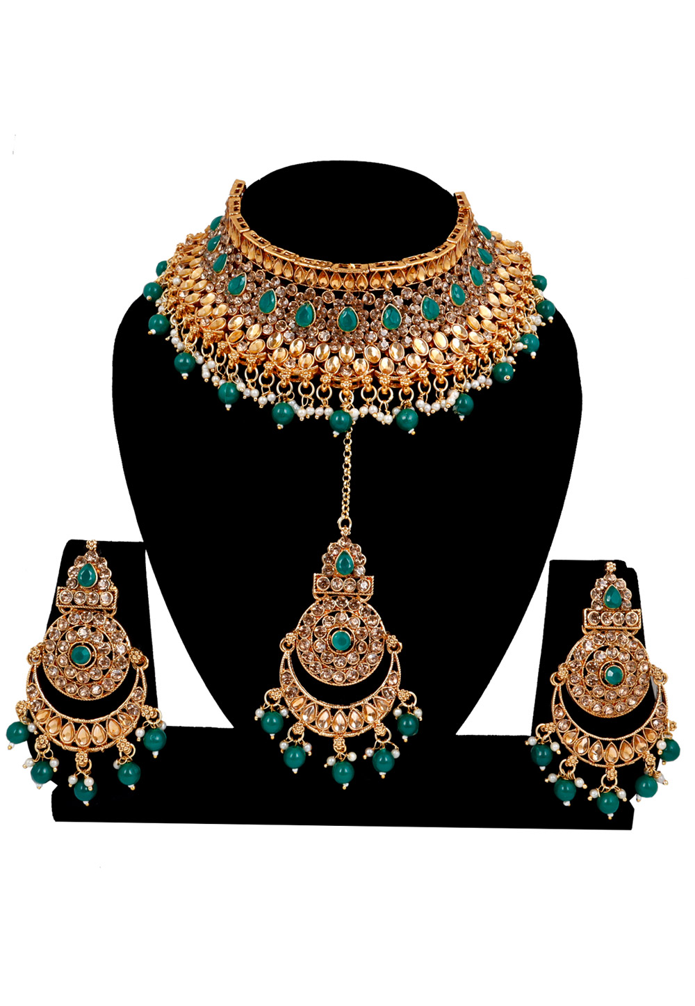 Green Alloy Austrian Diamonds and Kundan Necklace Set With Earrings and Maang Tikka 272542