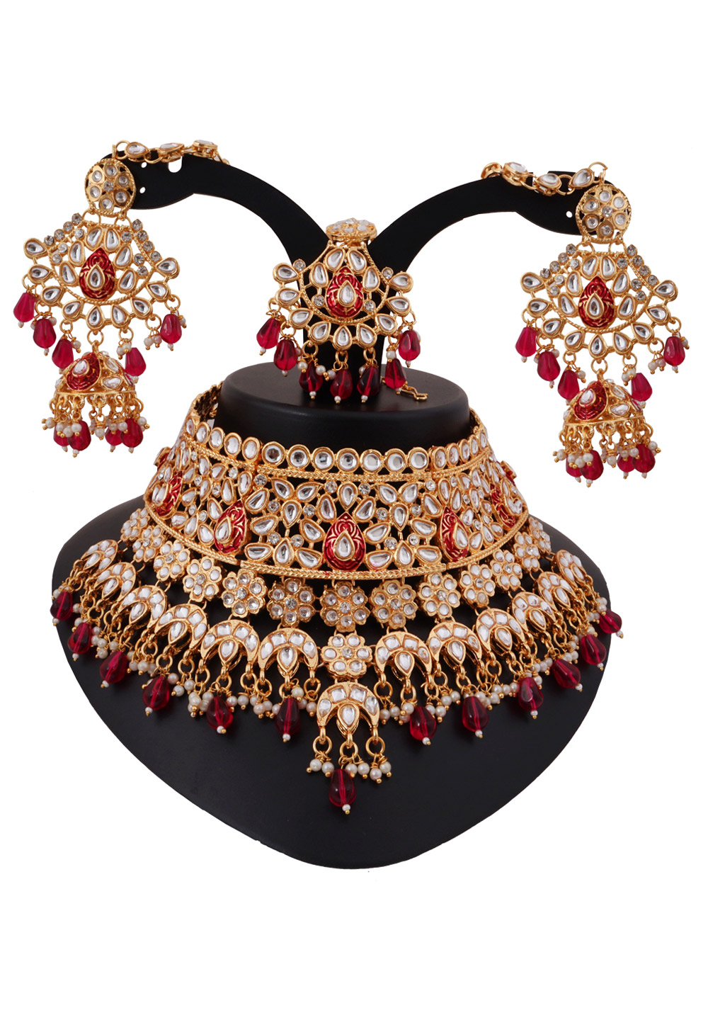 Maroon Alloy Austrian Diamonds and Kundan Necklace Set With Earrings and Maang Tikka 272543
