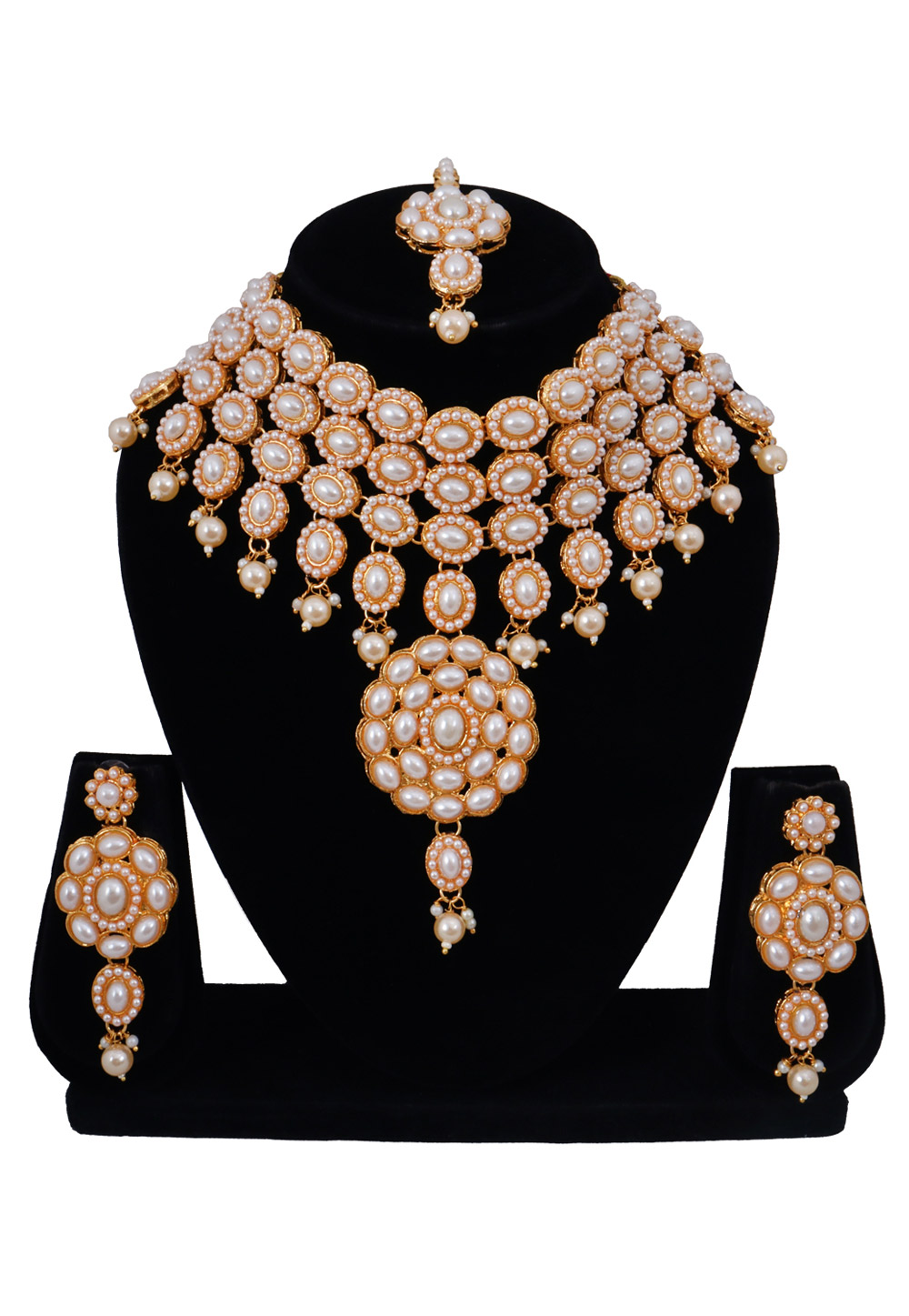 White Alloy Pearls Necklace Set With Earrings and Maang Tikka 272544