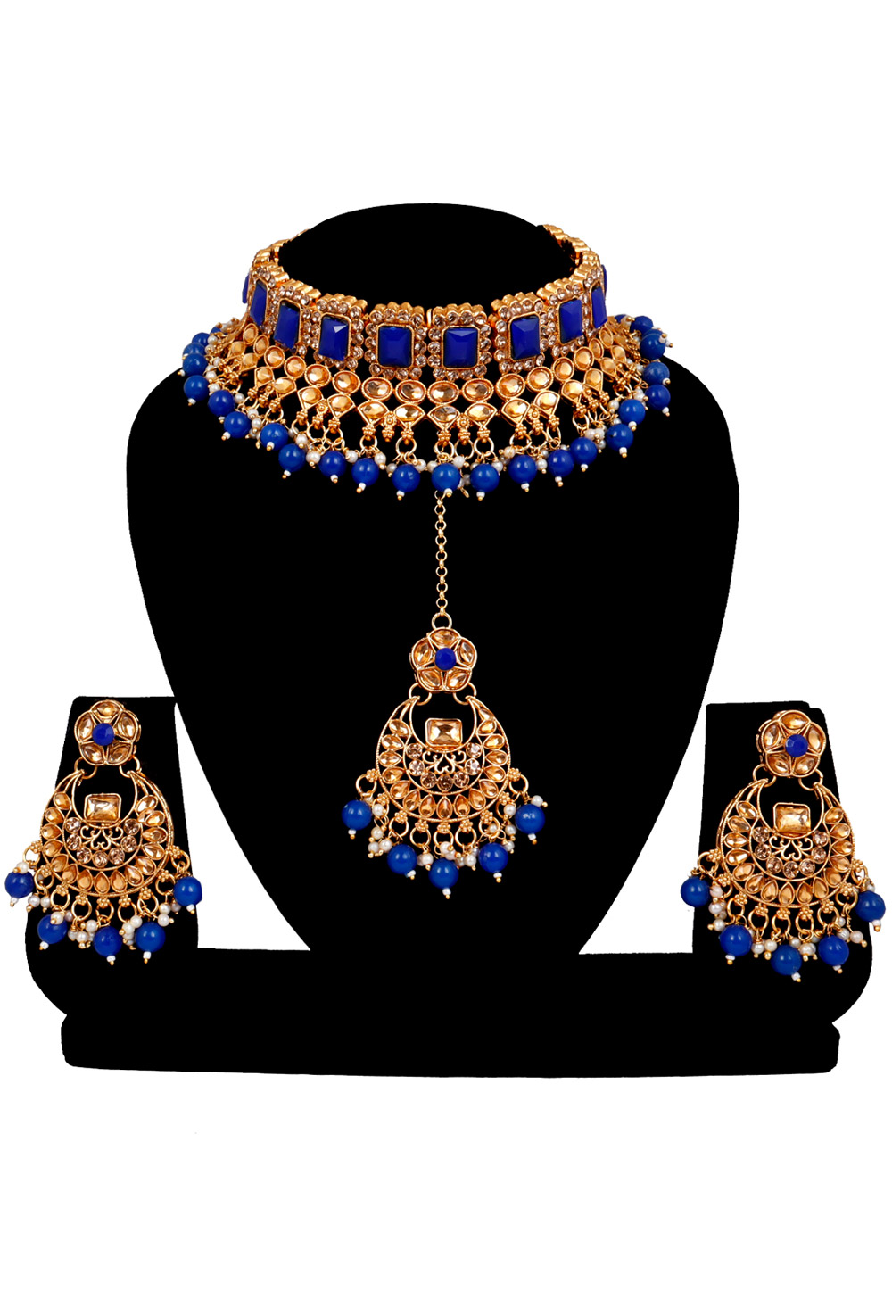 Blue Alloy Austrian Diamonds and Kundan Necklace Set With Earrings and Maang Tikka 272545