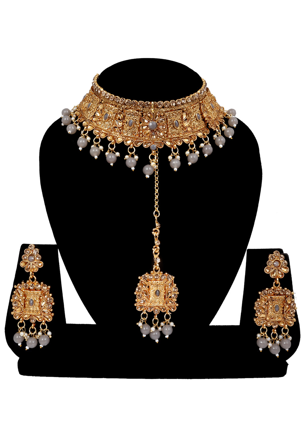 Grey Alloy Austrian Diamonds and Kundan Necklace Set With Earrings and Maang Tikka 272546