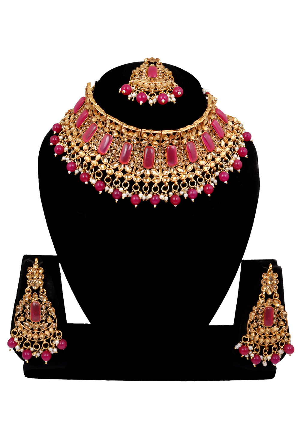 Magenta Alloy Austrian Diamonds and Kundan Necklace Set With Earrings and Maang Tikka 272547
