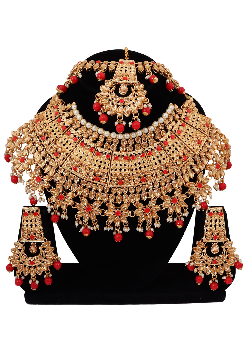 Red Alloy Austrian Diamonds and Kundan Necklace Set With Earrings and Maang Tikka 272553
