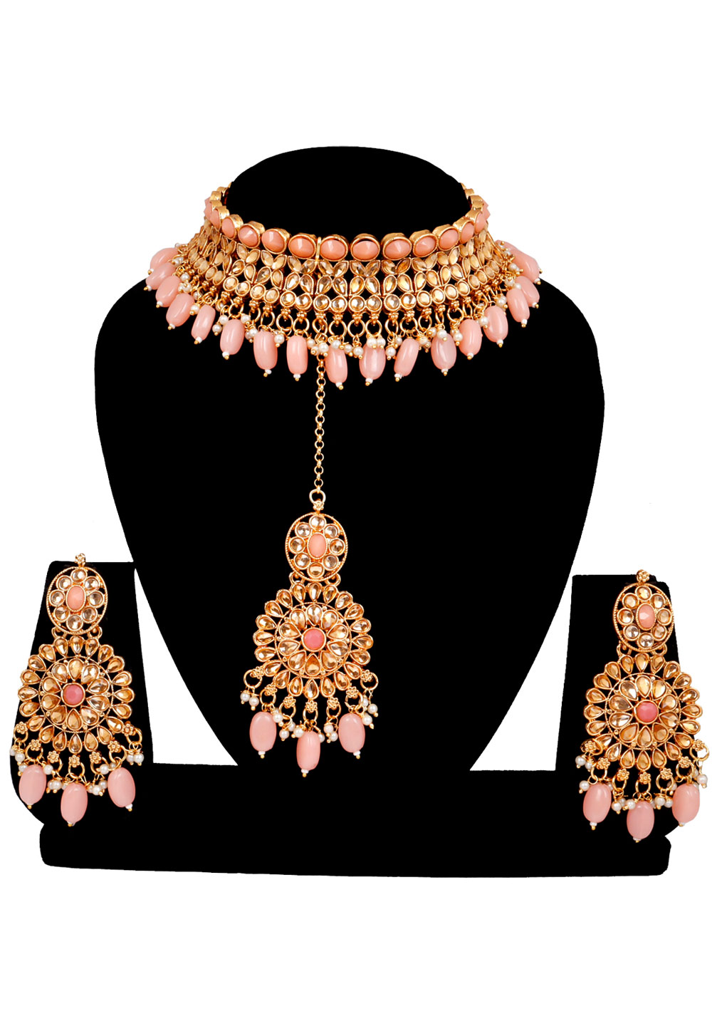 Pink Alloy Austrian Diamonds and Kundan Necklace Set With Earrings and Maang Tikka 272554