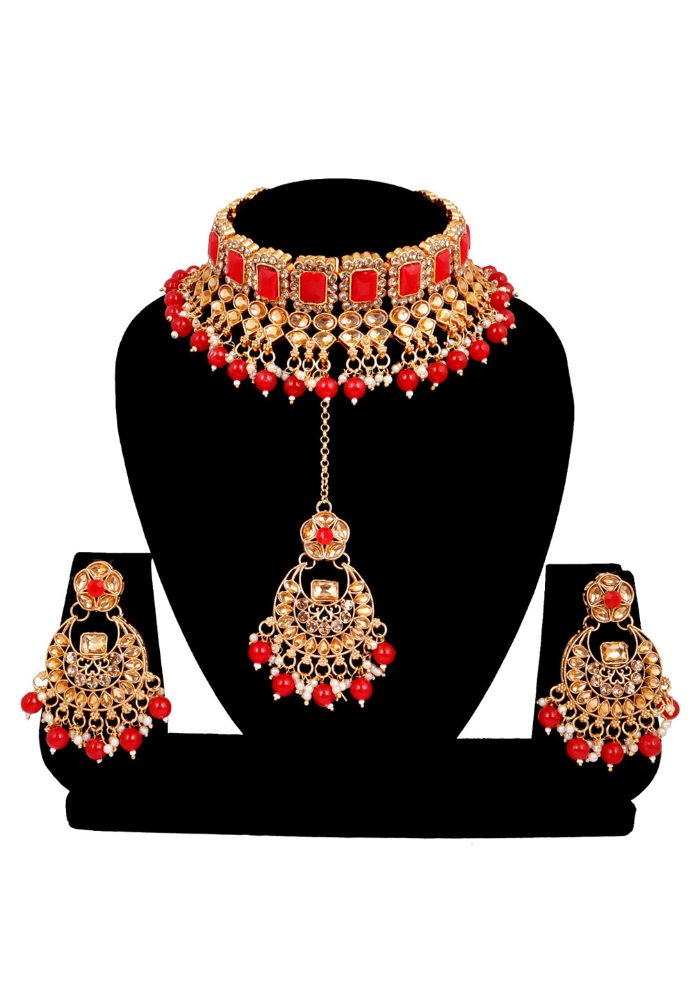 Red Alloy Austrian Diamonds and Kundan Necklace Set With Earrings and Maang Tikka 272555
