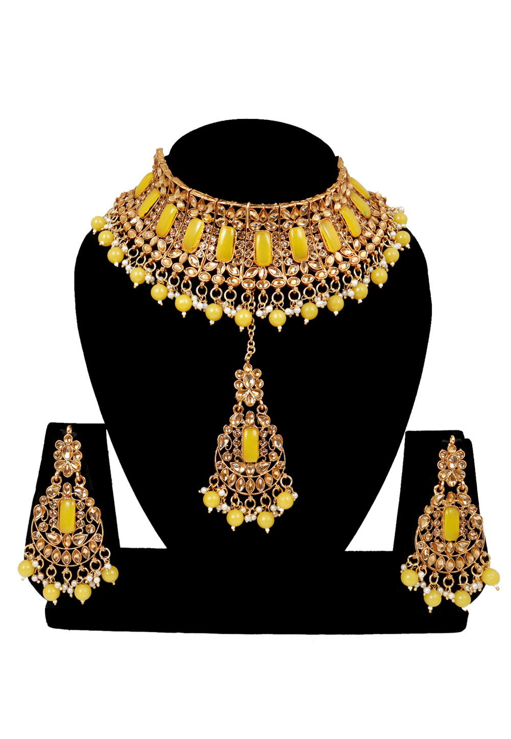 Yellow Alloy Austrian Diamonds and Kundan Necklace Set With Earrings and Maang Tikka 272556
