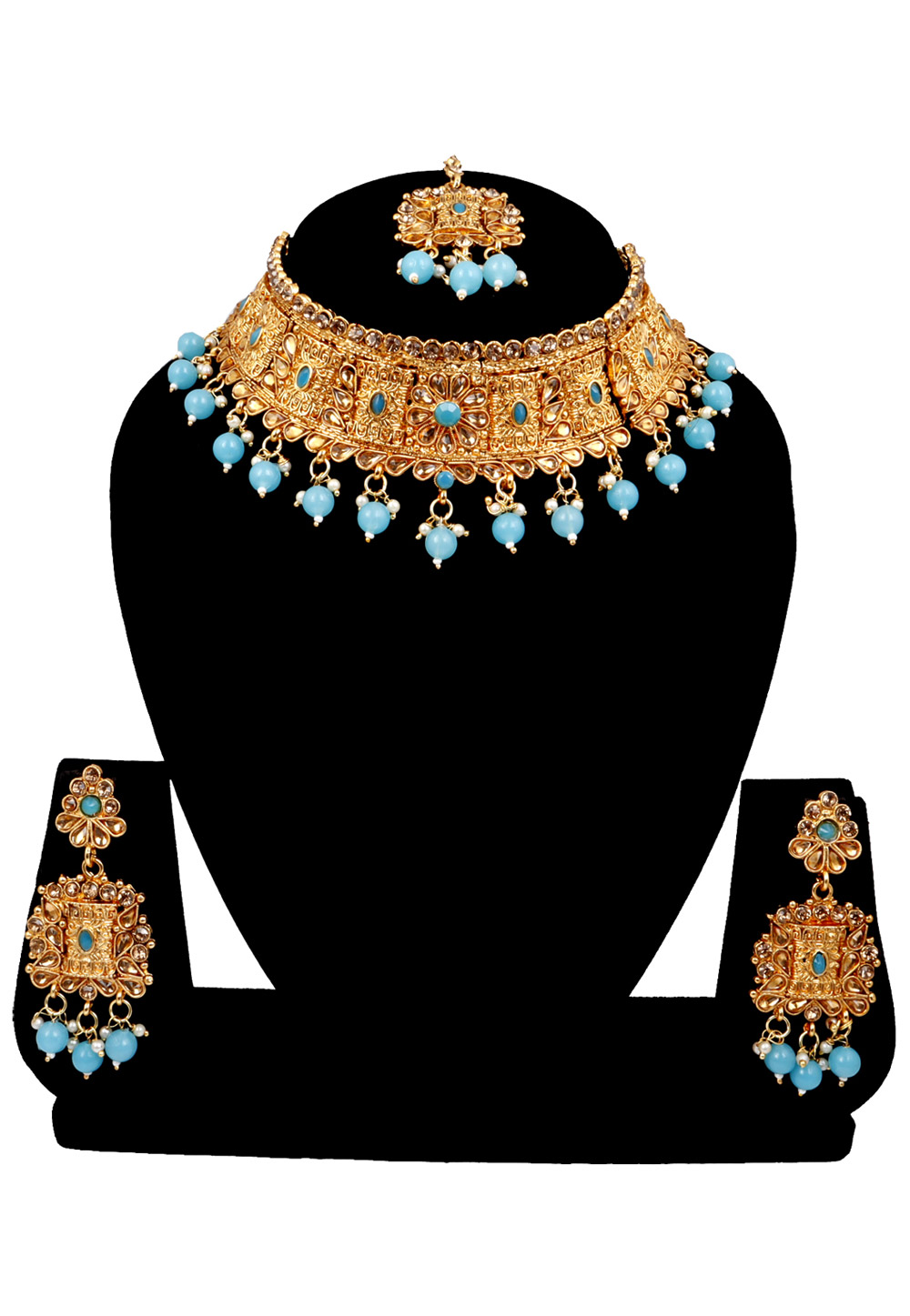 Sky Blue Alloy Austrian Diamonds and Kundan Necklace Set With Earrings and Maang Tikka 272557