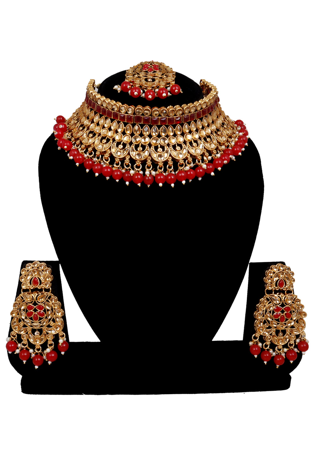 Maroon Alloy Austrian Diamonds and Kundan Necklace Set With Earrings and Maang Tikka 272558