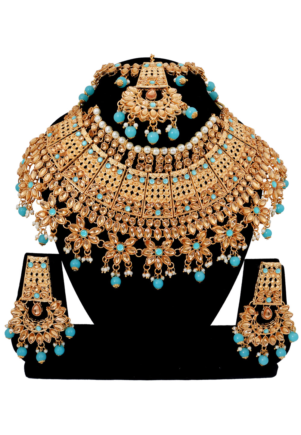 Sky Blue Alloy Austrian Diamonds and Kundan Necklace Set With Earrings and Maang Tikka 272559