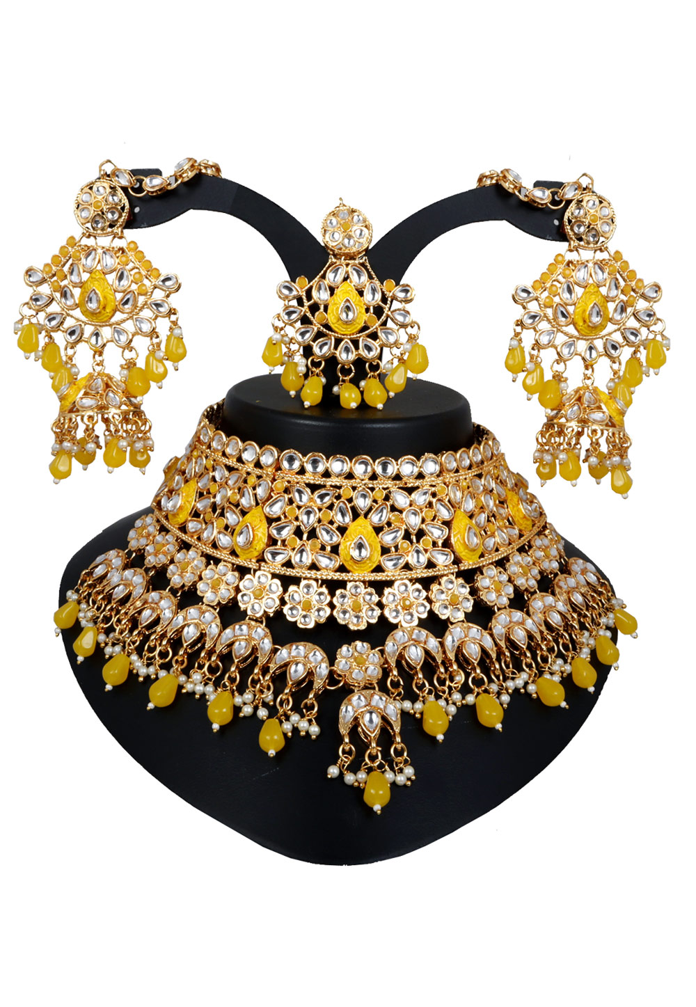 Yellow Alloy Austrian Diamonds and Kundan Necklace Set With Earrings and Maang Tikka 272560
