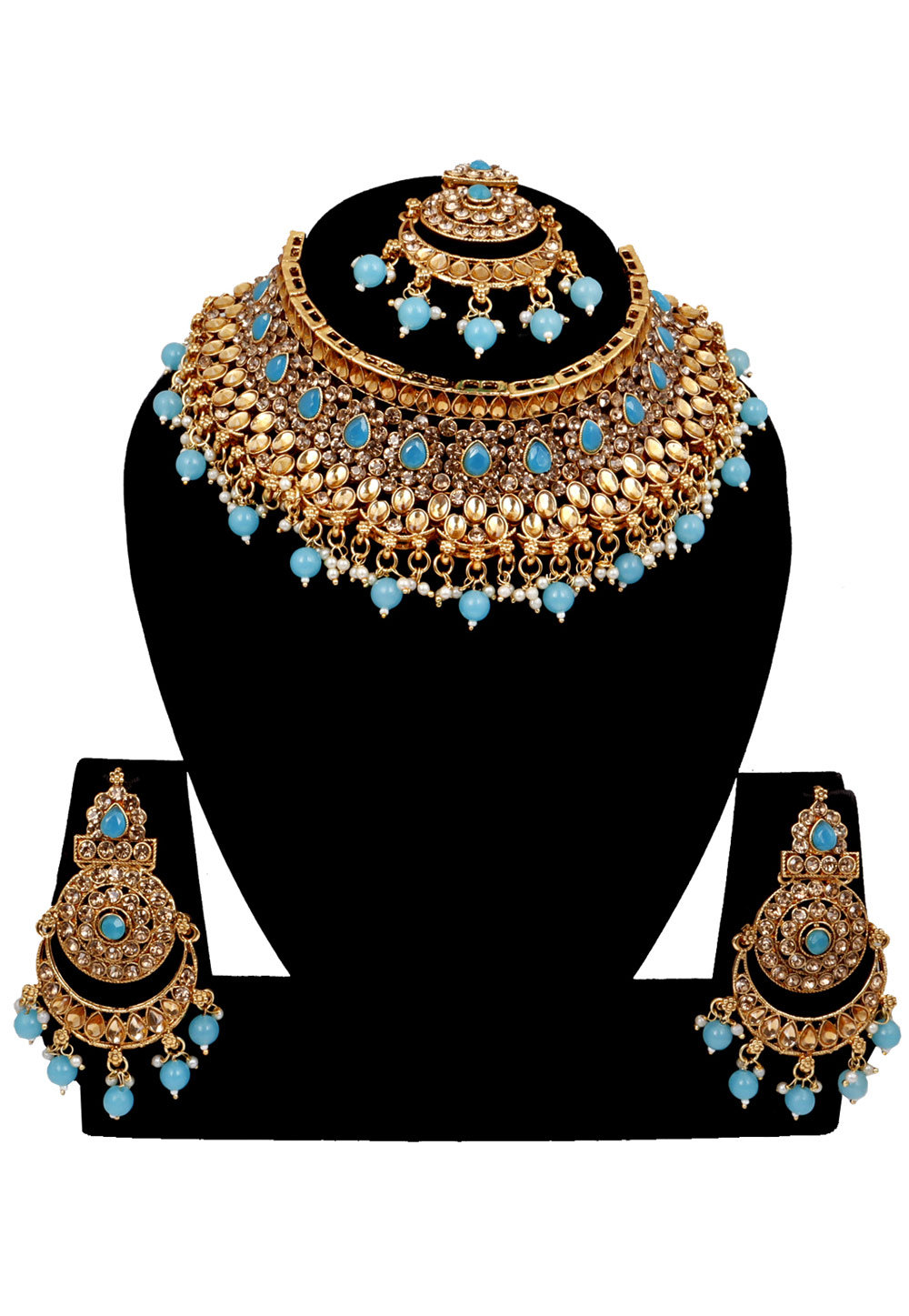 Sky Blue Alloy Austrian Diamonds and Kundan Necklace Set With Earrings and Maang Tikka 272561