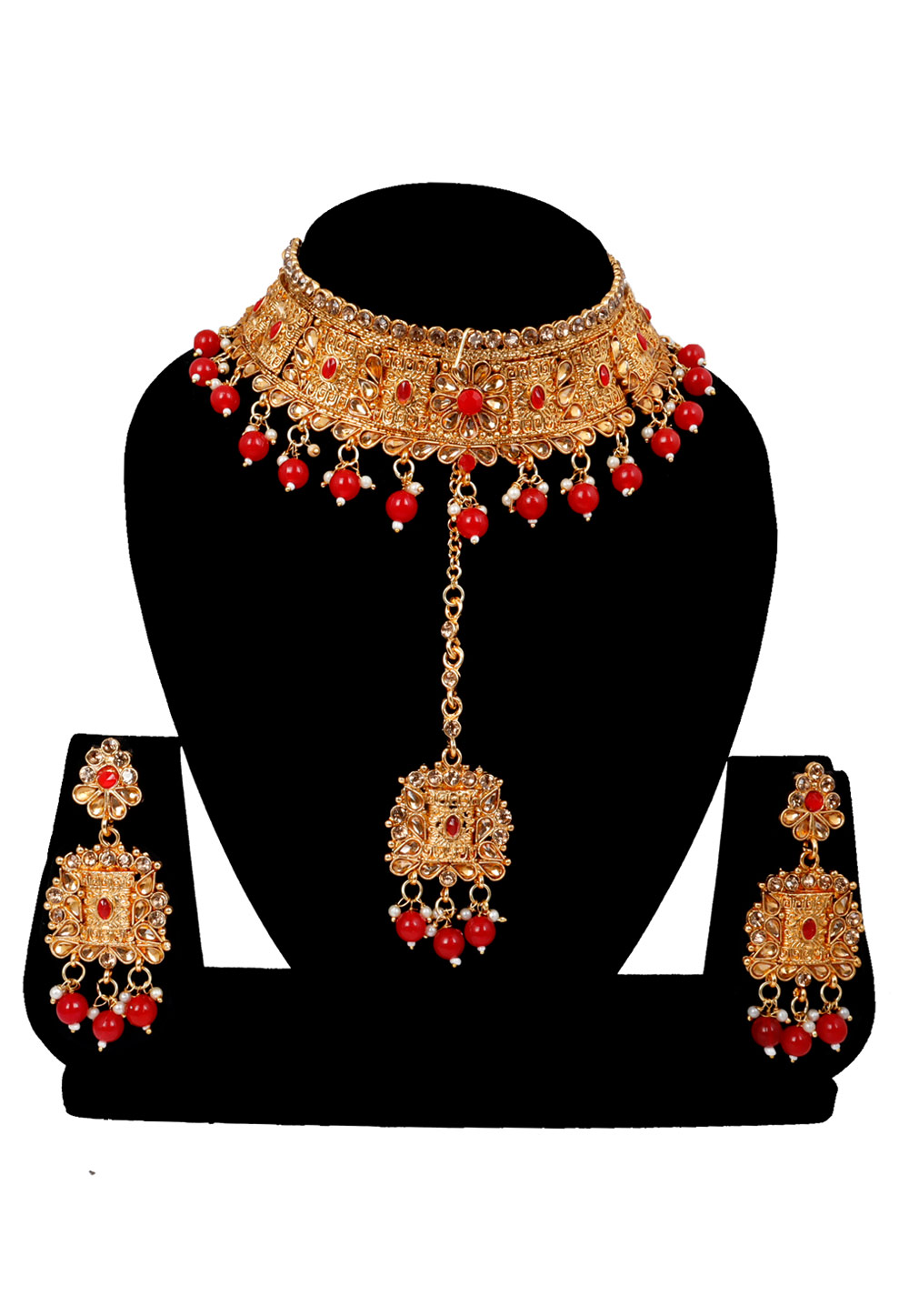 Maroon Alloy Austrian Diamonds and Kundan Necklace Set With Earrings and Maang Tikka 272562