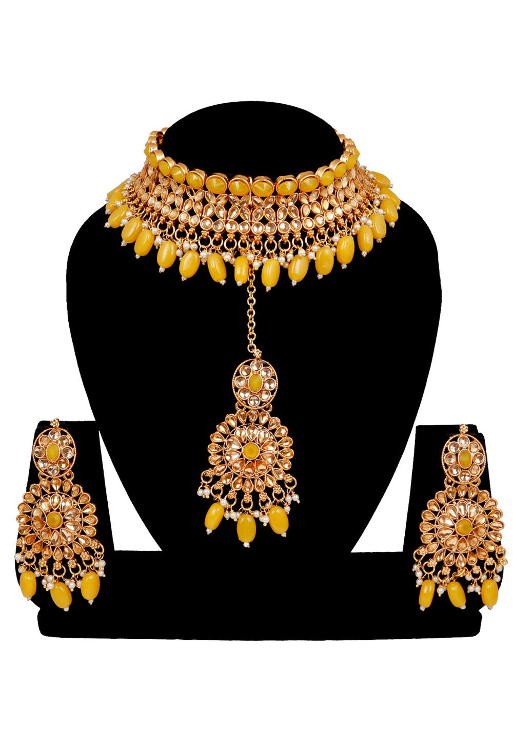 Yellow Alloy Austrian Diamonds and Kundan Necklace Set With Earrings and Maang Tikka 272563
