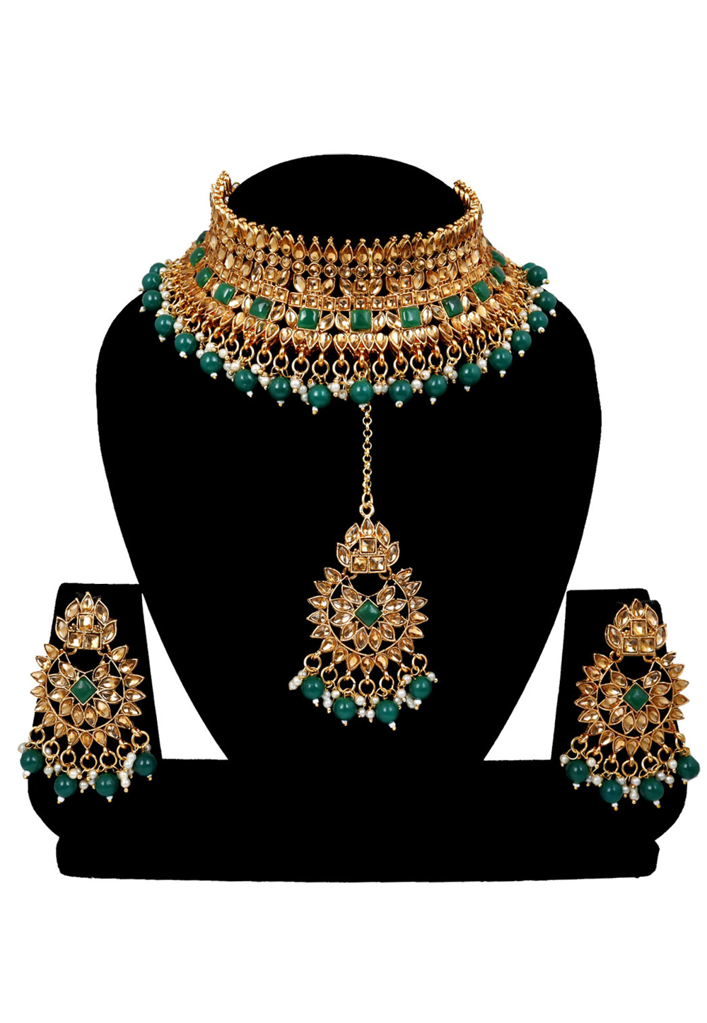 Green Alloy Austrian Diamonds and Kundan Necklace Set With Earrings and Maang Tikka 272564