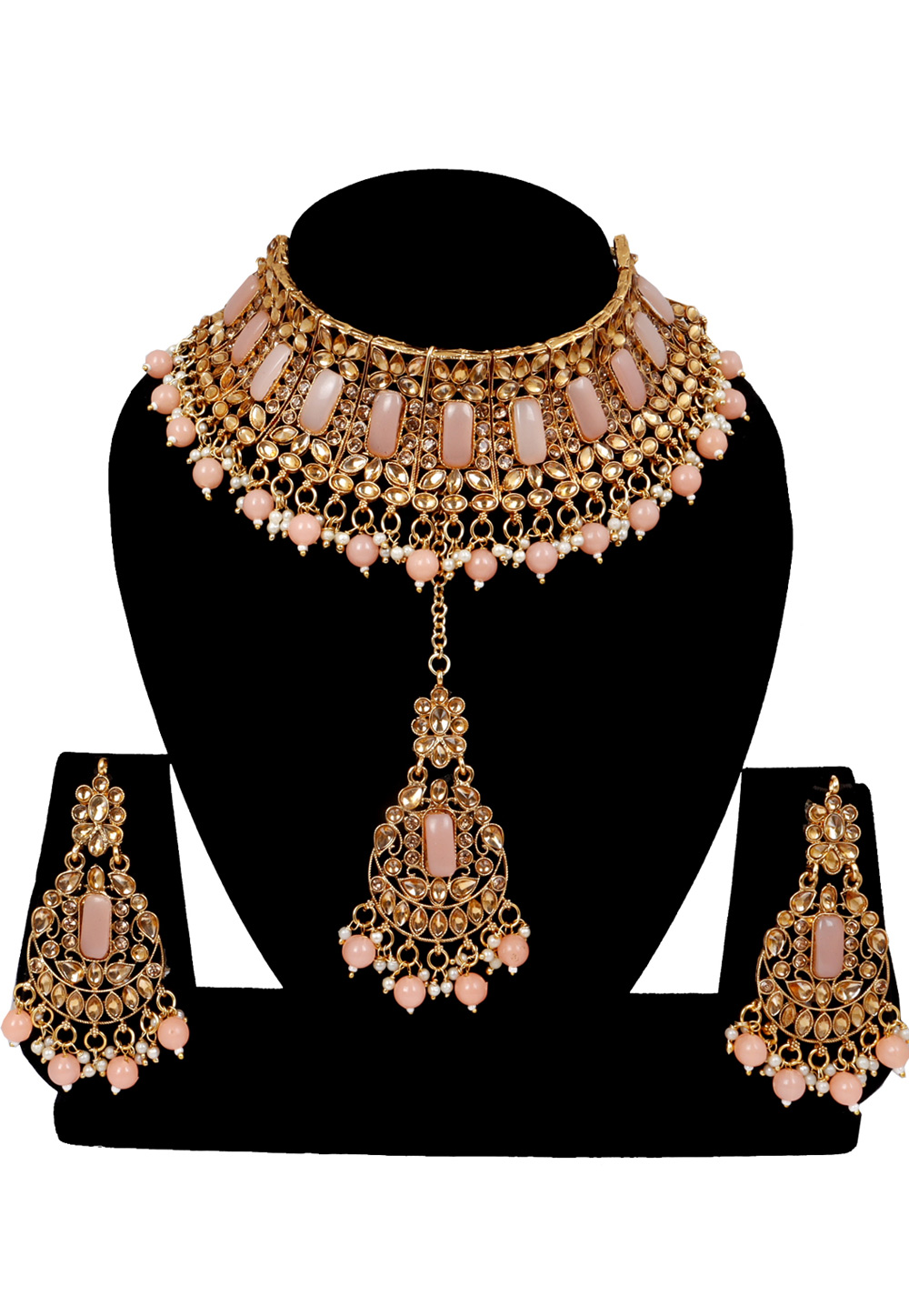 Pink Alloy Austrian Diamonds and Kundan Necklace Set With Earrings and Maang Tikka 272565