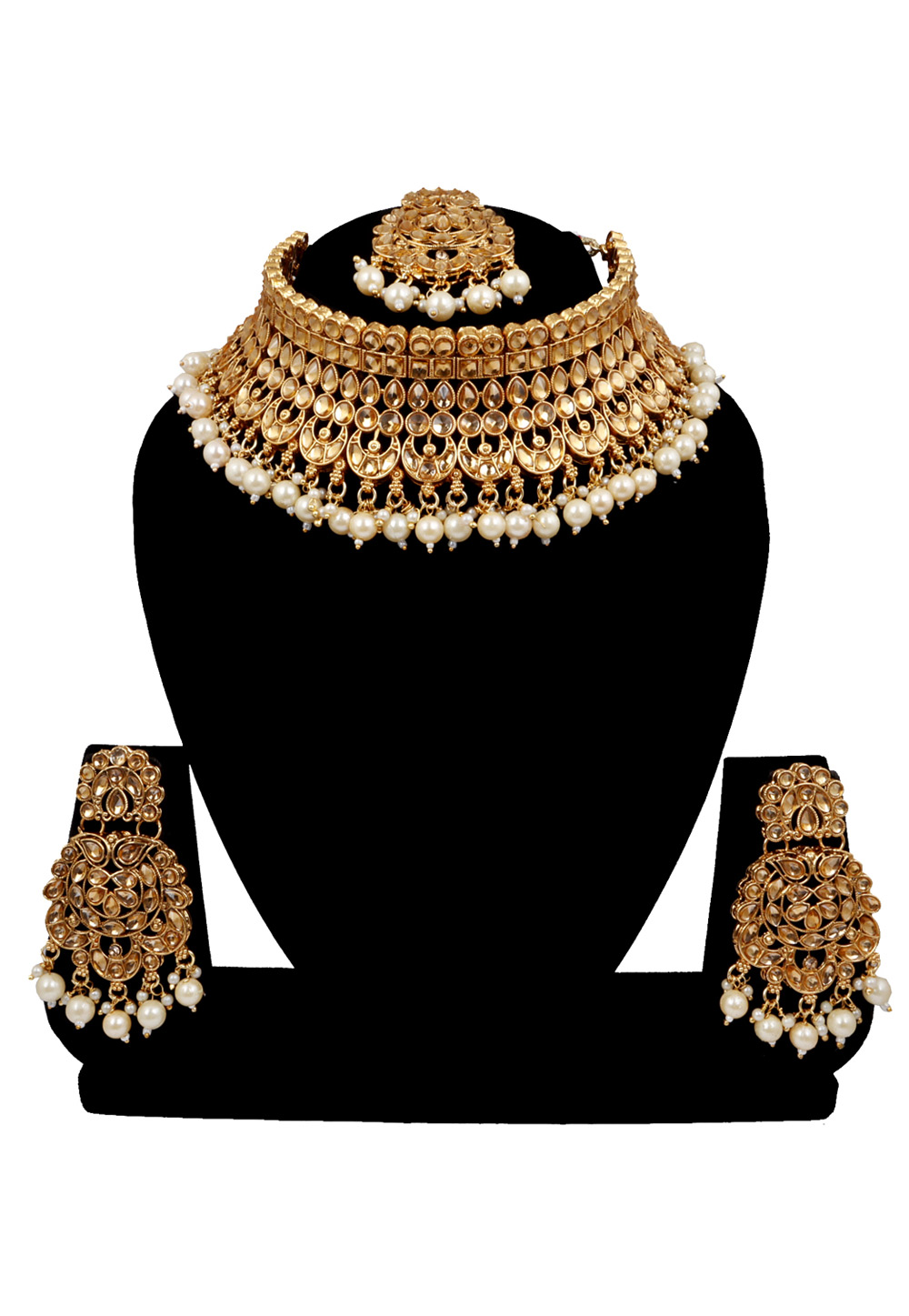 Golden Alloy Austrian Diamonds and Kundan Necklace Set With Earrings and Maang Tikka 272566