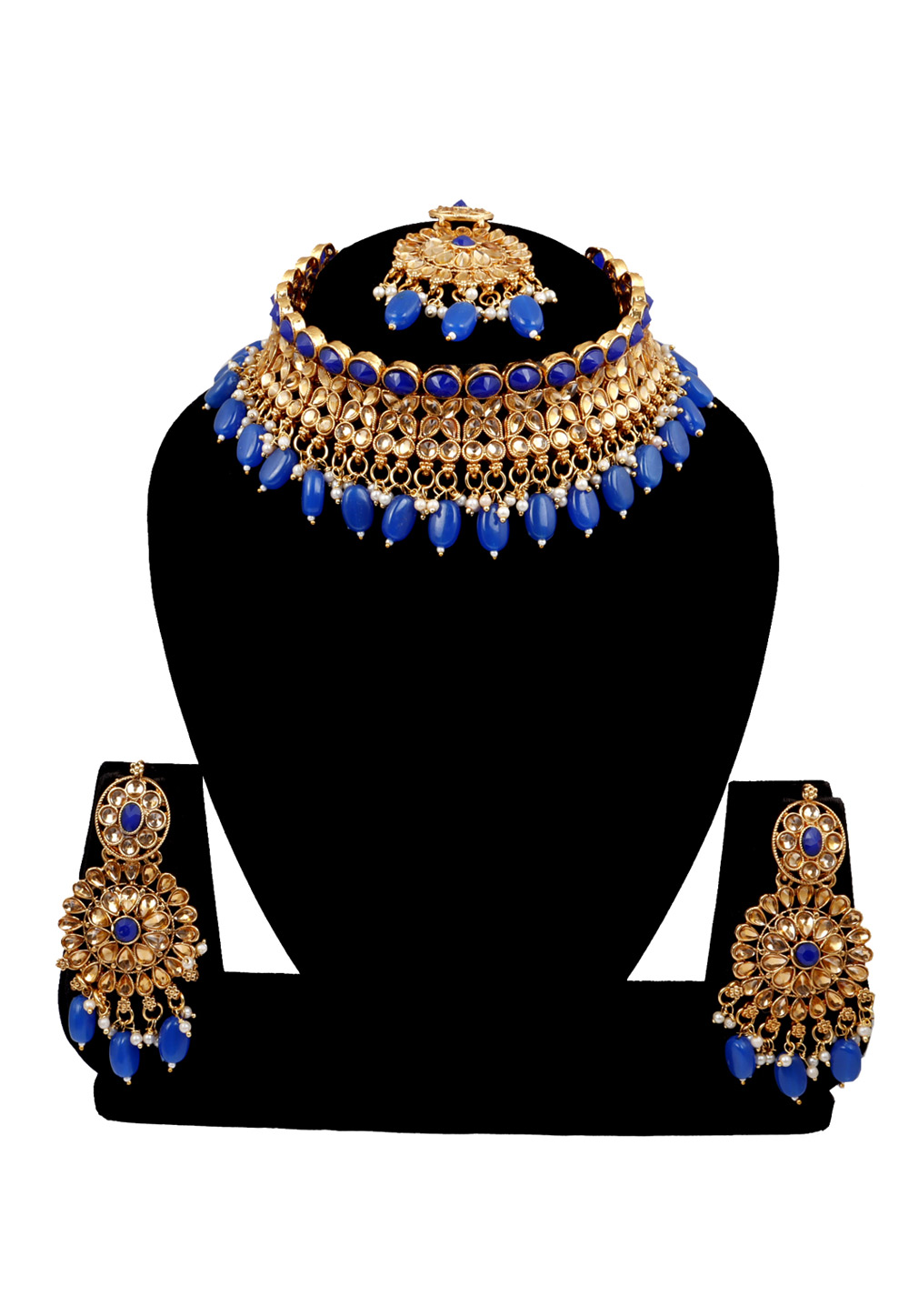 Blue Alloy Austrian Diamonds and Kundan Necklace Set With Earrings and Maang Tikka 272567