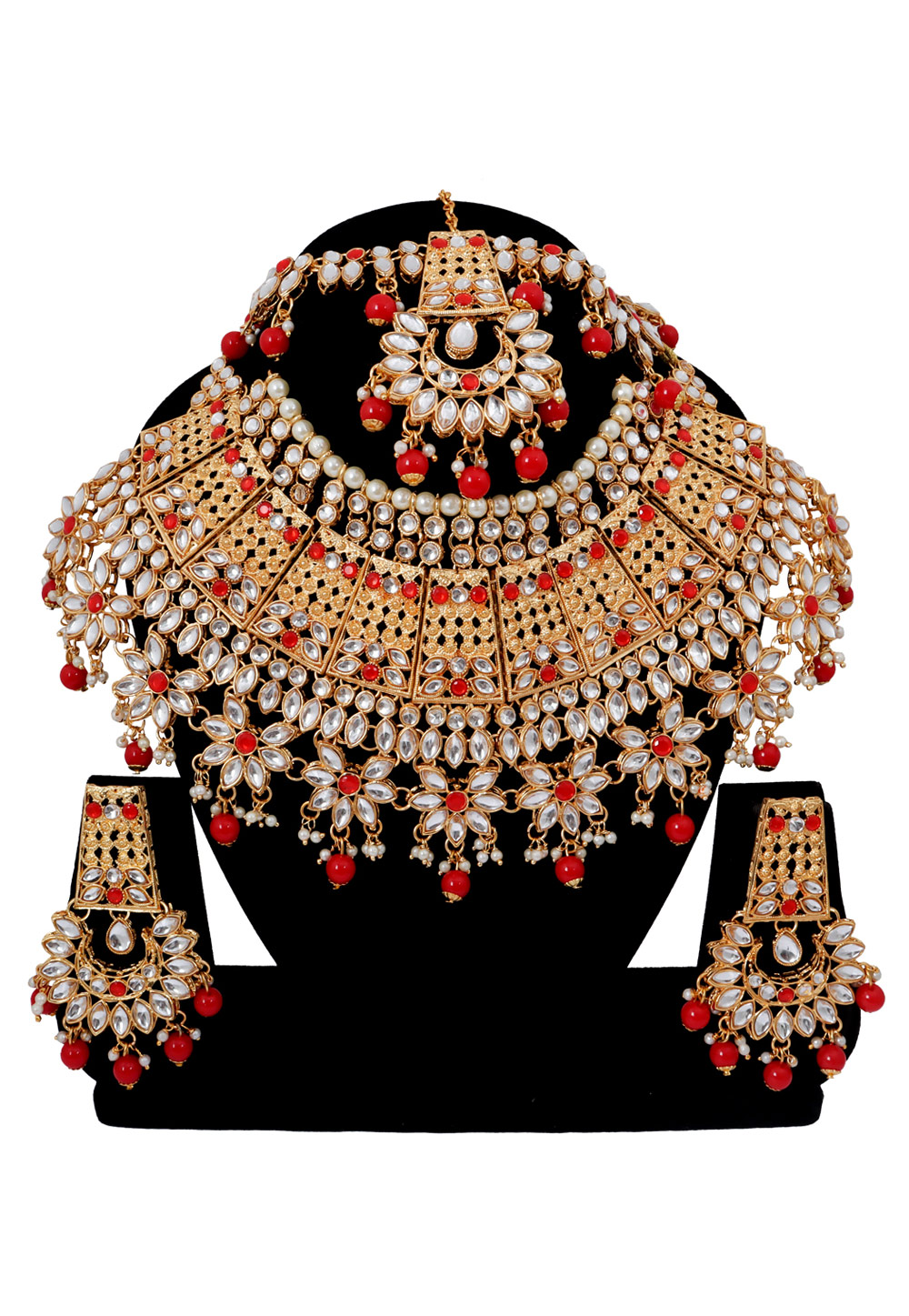 Red Alloy Austrian Diamonds and Kundan Necklace Set With Earrings and Maang Tikka 272568