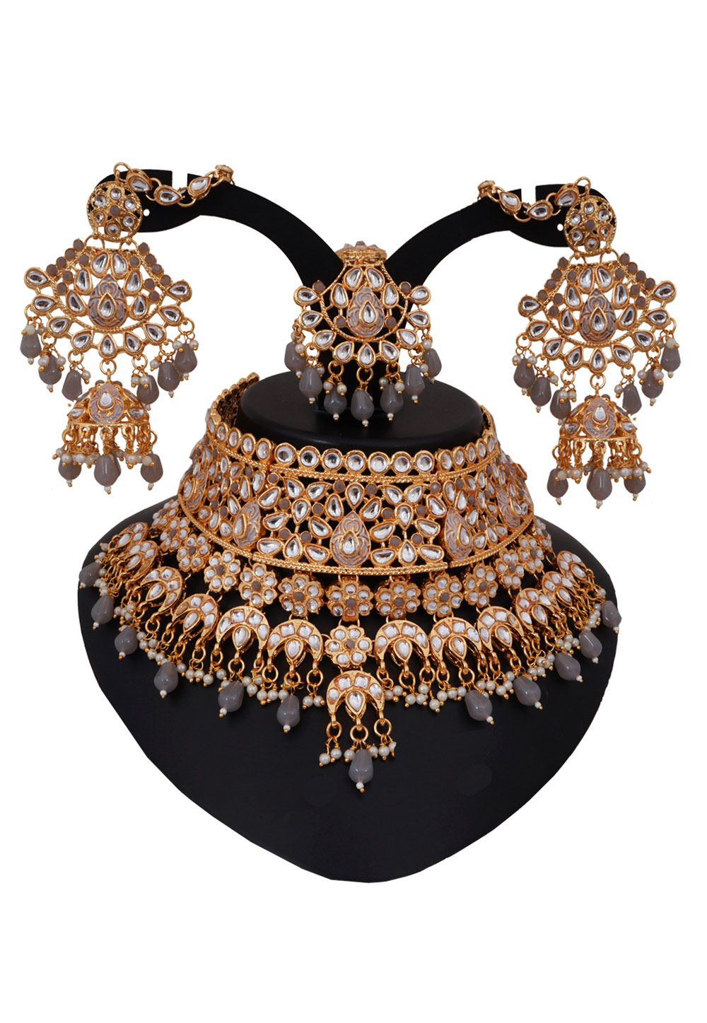 Grey Alloy Austrian Diamonds and Kundan Necklace Set With Earrings and Maang Tikka 272569
