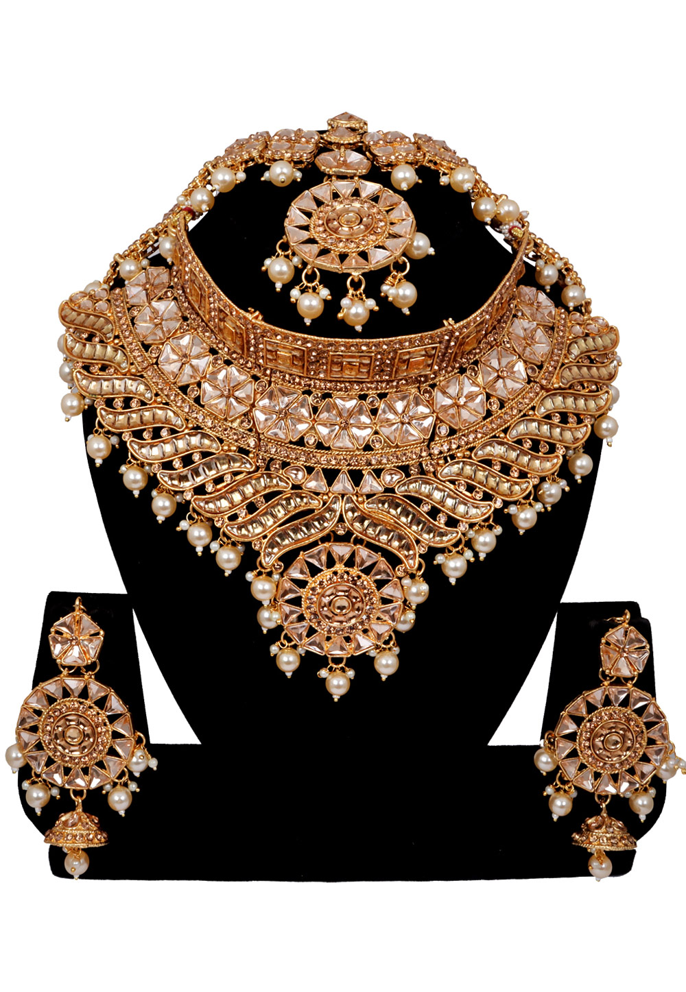 White Alloy Austrian Diamonds and Kundan Necklace Set With Earrings and Maang Tikka 272570