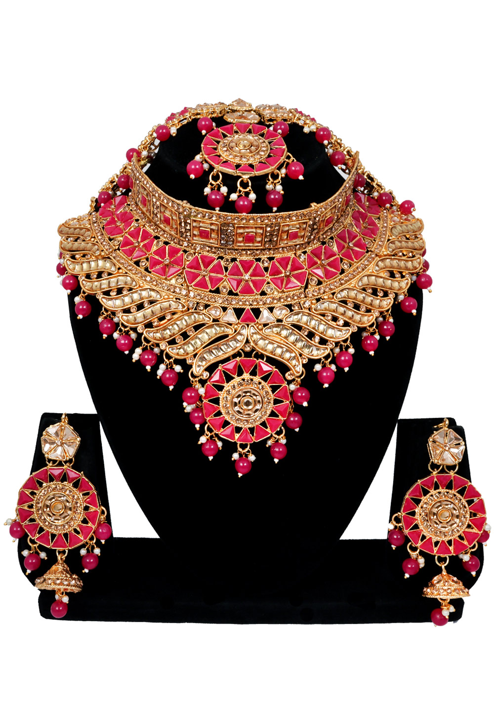 Red Alloy Austrian Diamonds and Kundan Necklace Set With Earrings and Maang Tikka 272571