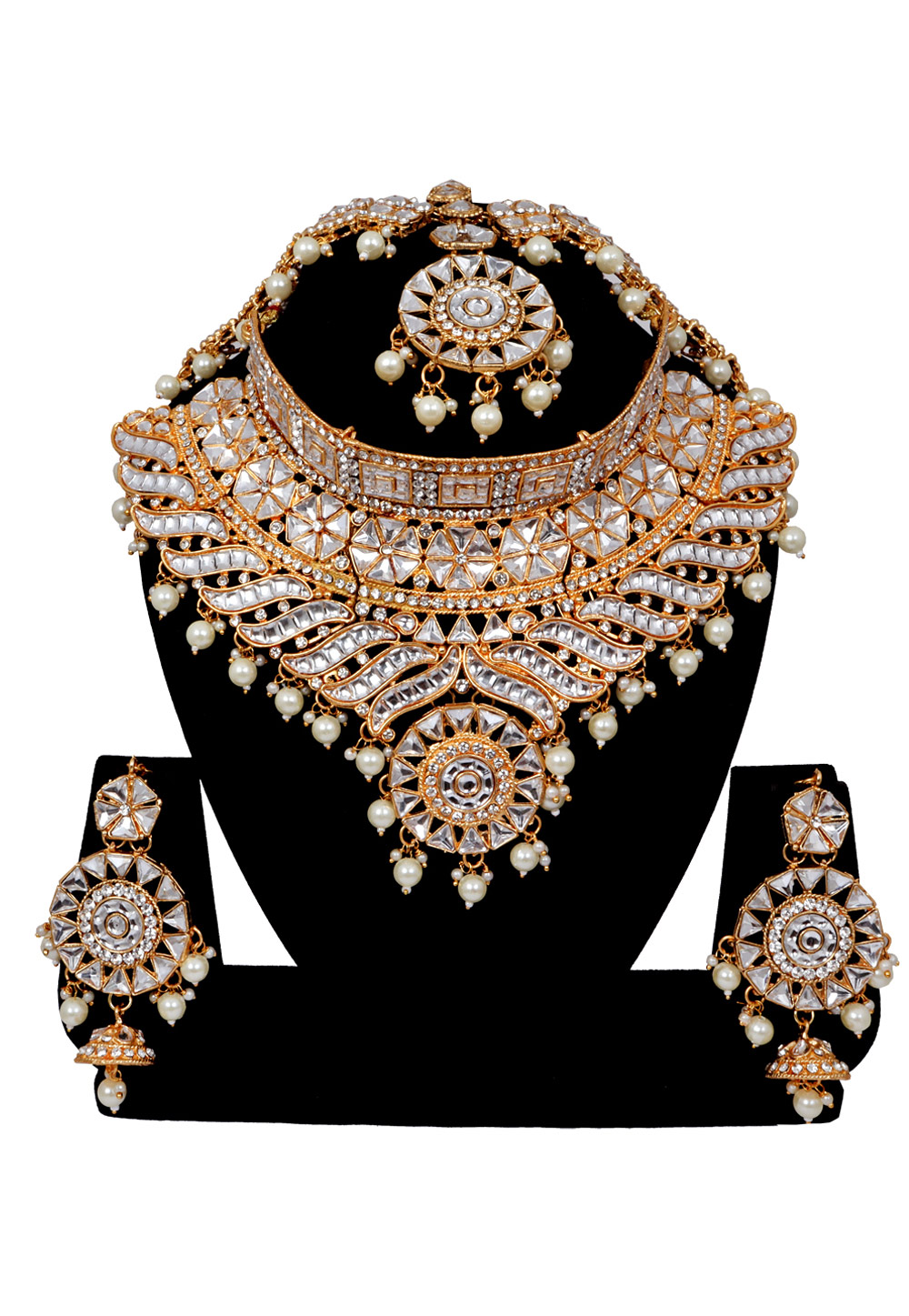 White Alloy Austrian Diamonds and Kundan Necklace Set With Earrings and Maang Tikka 272572