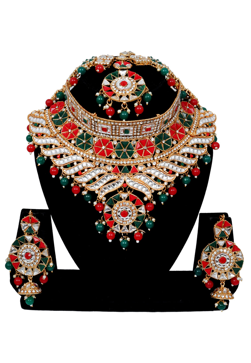 Multicolor Alloy Austrian Diamonds and Kundan Necklace Set With Earrings and Maang Tikka 272573