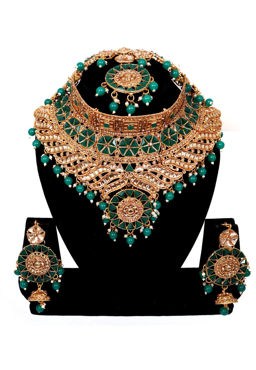 Green Alloy Austrian Diamonds and Kundan Necklace Set With Earrings and Maang Tikka 272574