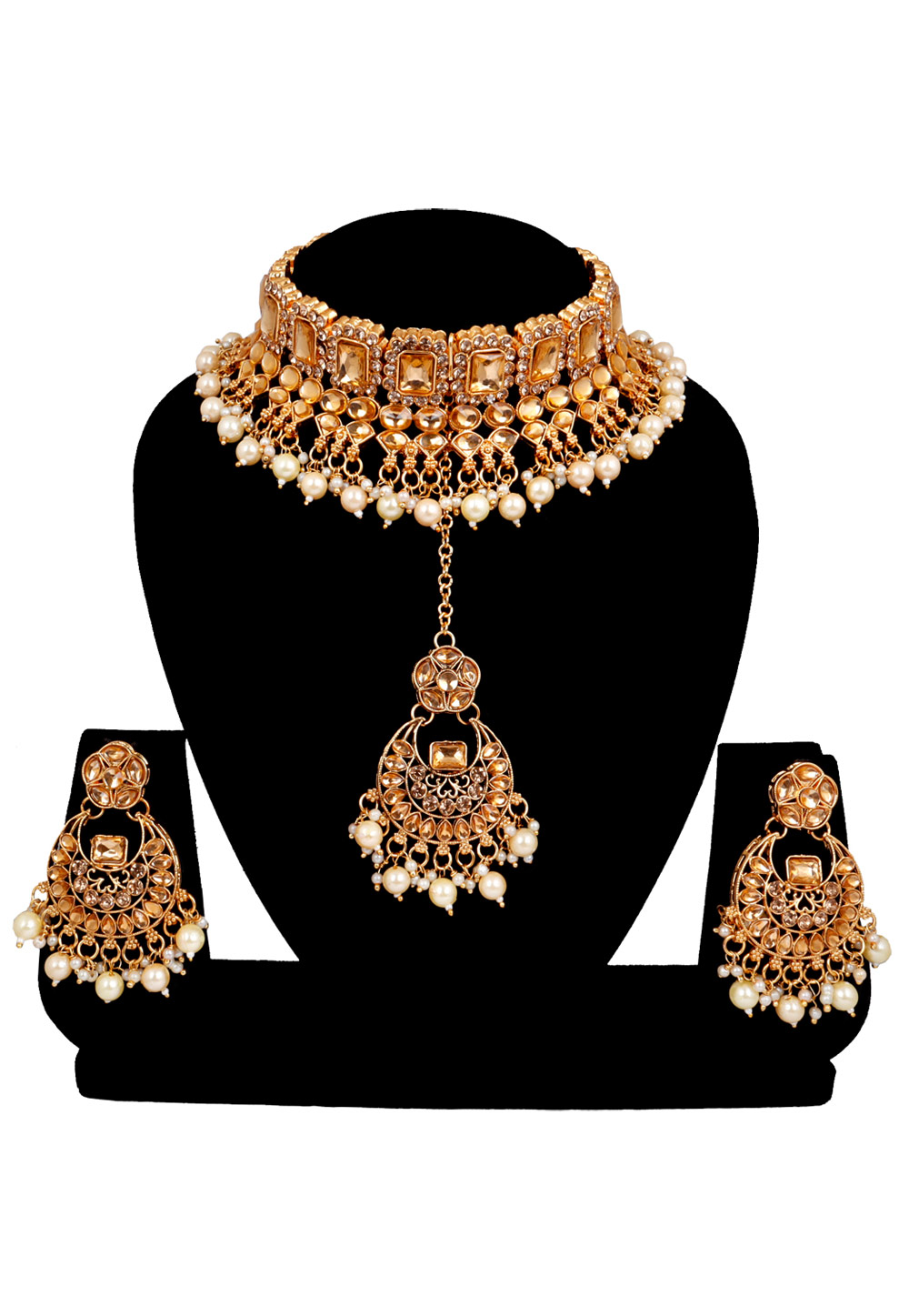 Golden Alloy Austrian Diamonds and Kundan Necklace Set With Earrings and Maang Tikka 272575