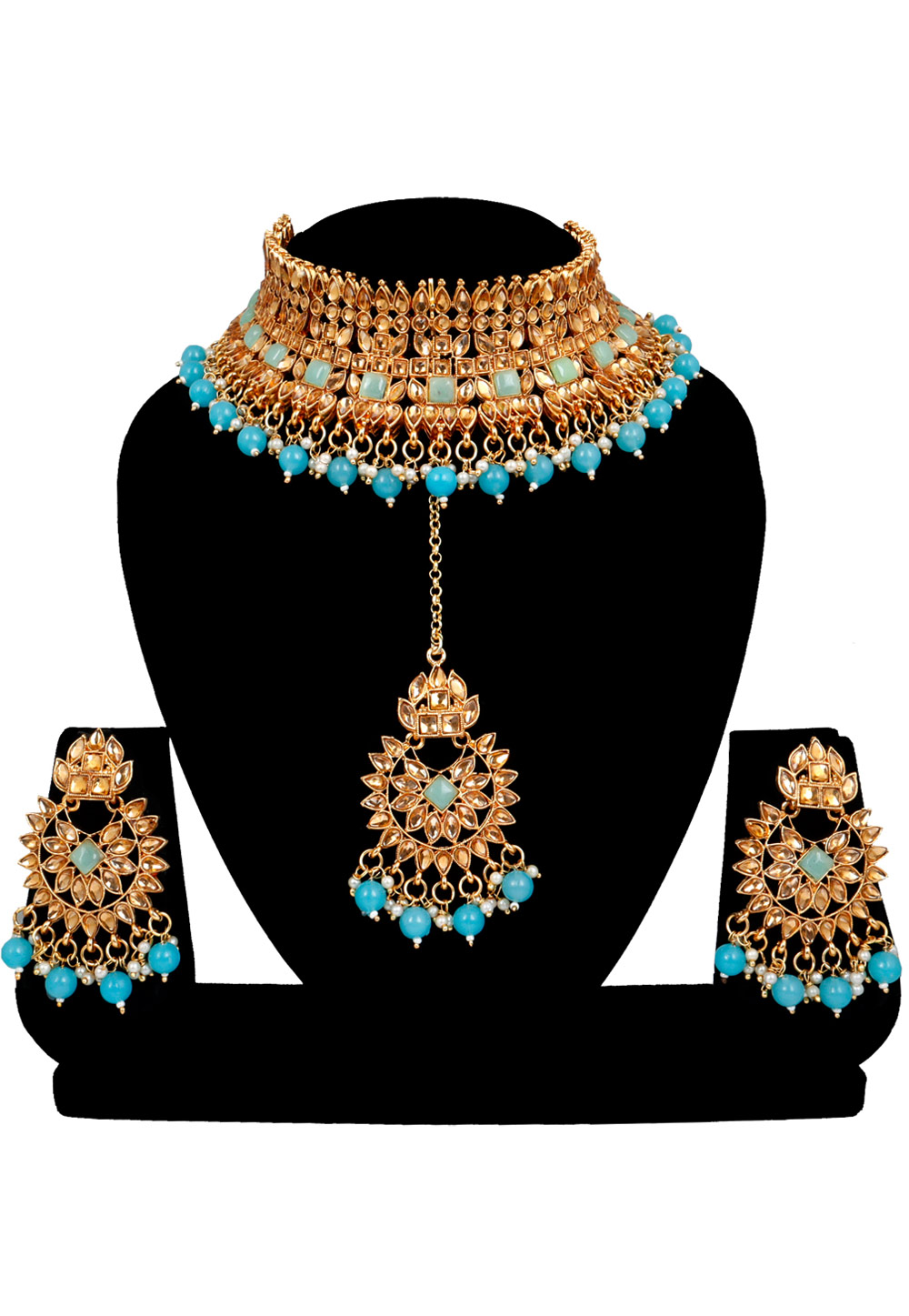 Sky Blue Alloy Austrian Diamonds and Kundan Necklace Set With Earrings and Maang Tikka 272576