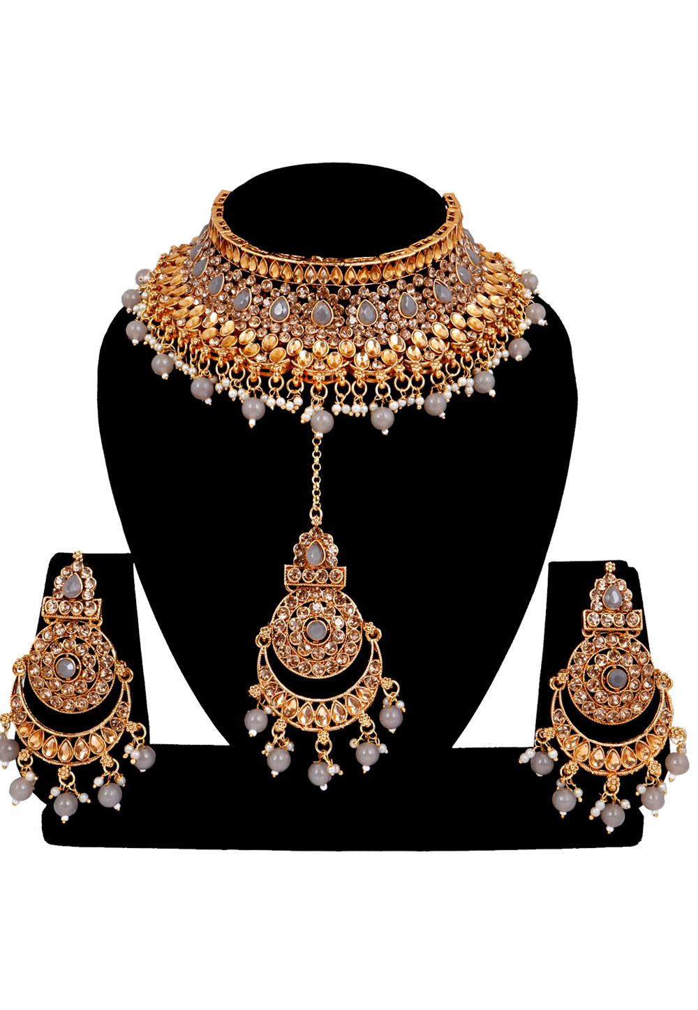 Grey Alloy Austrian Diamonds and Kundan Necklace Set With Earrings and Maang Tikka 272577