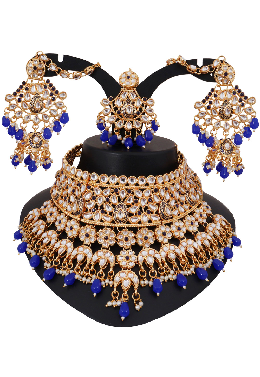 Blue Alloy Austrian Diamonds and Kundan Necklace Set With Earrings and Maang Tikka 272579