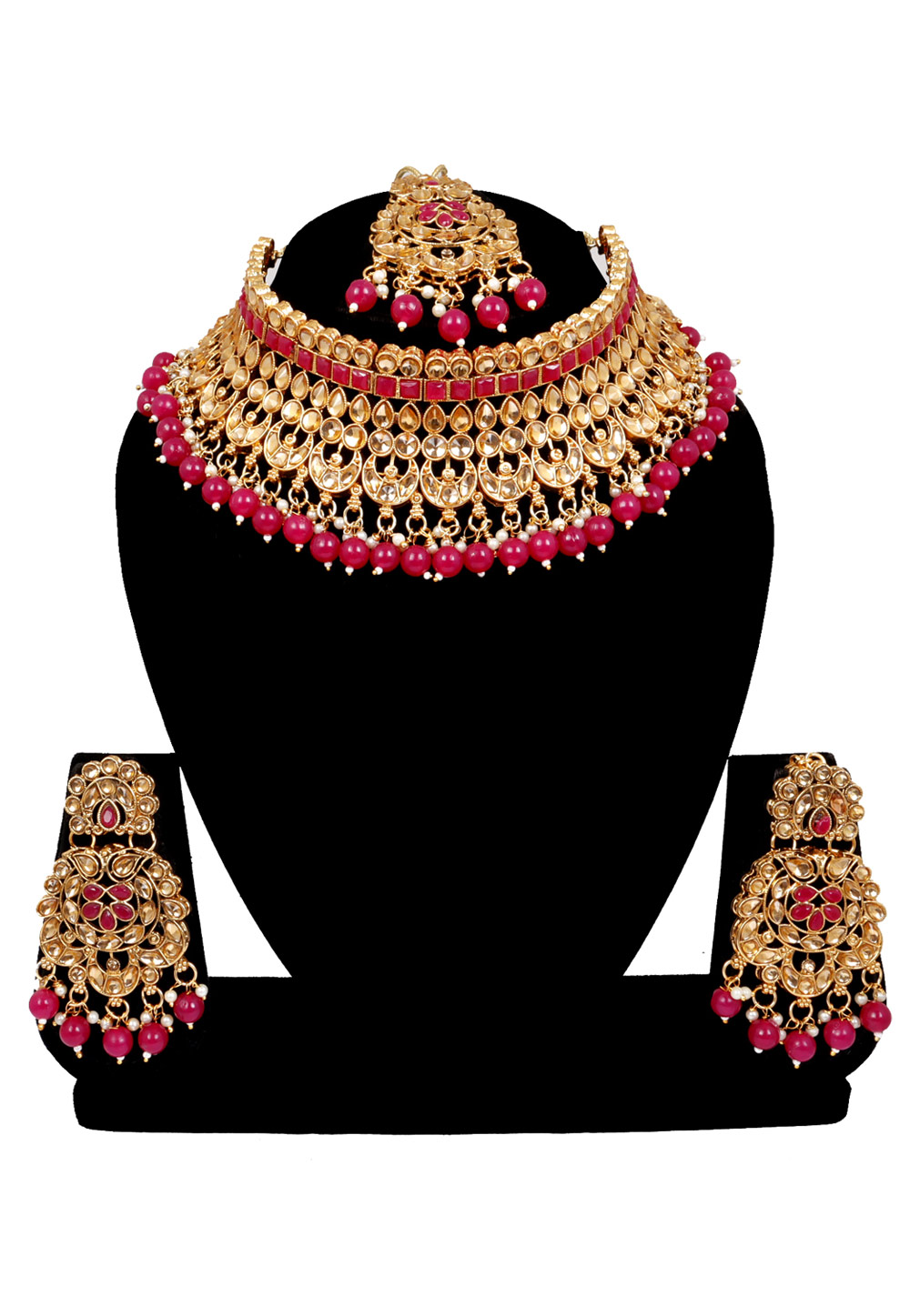 Red Alloy Austrian Diamonds and Kundan Necklace Set With Earrings and Maang Tikka 272580