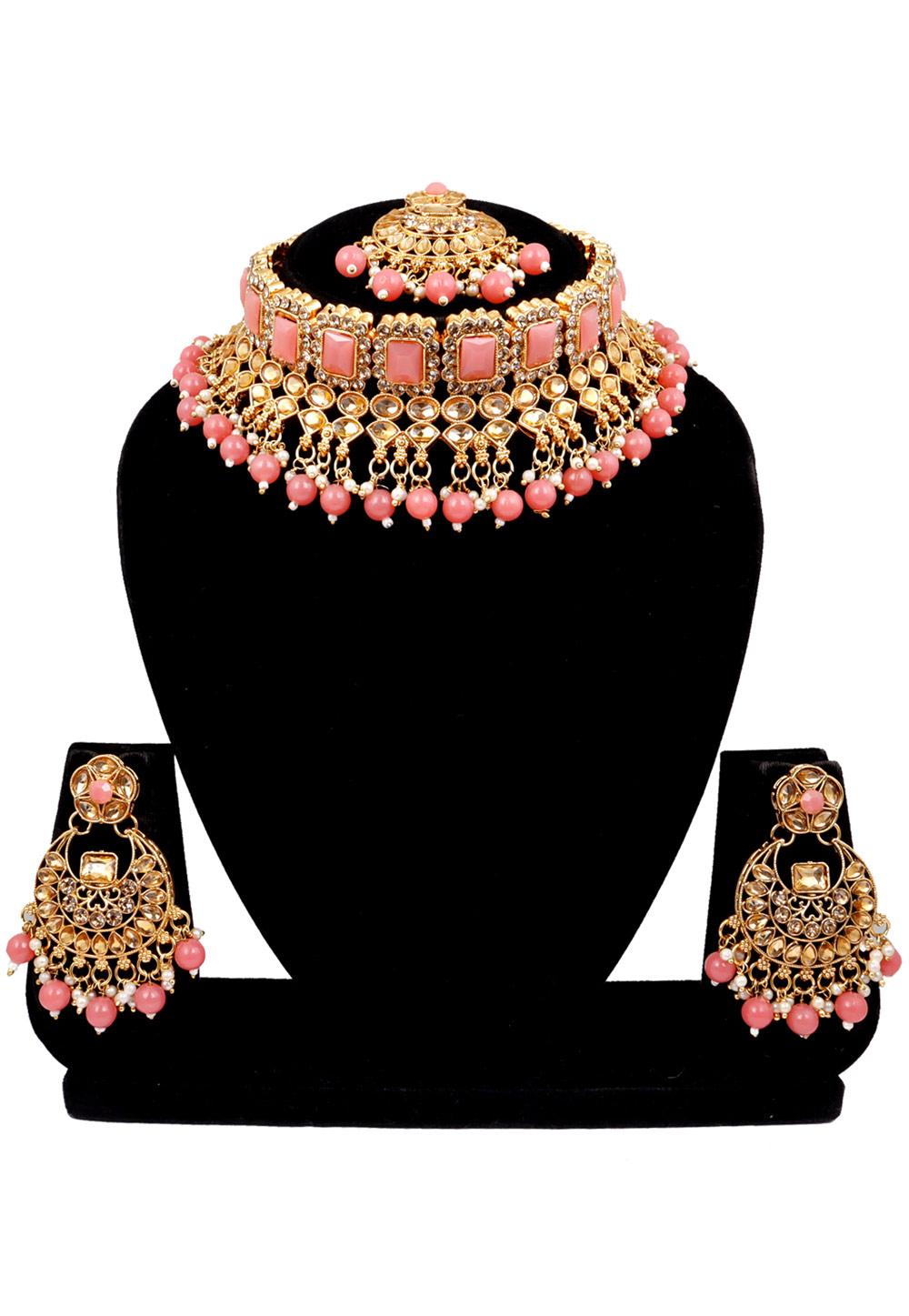 Pink Alloy Austrian Diamonds and Kundan Necklace Set With Earrings and Maang Tikka 272581