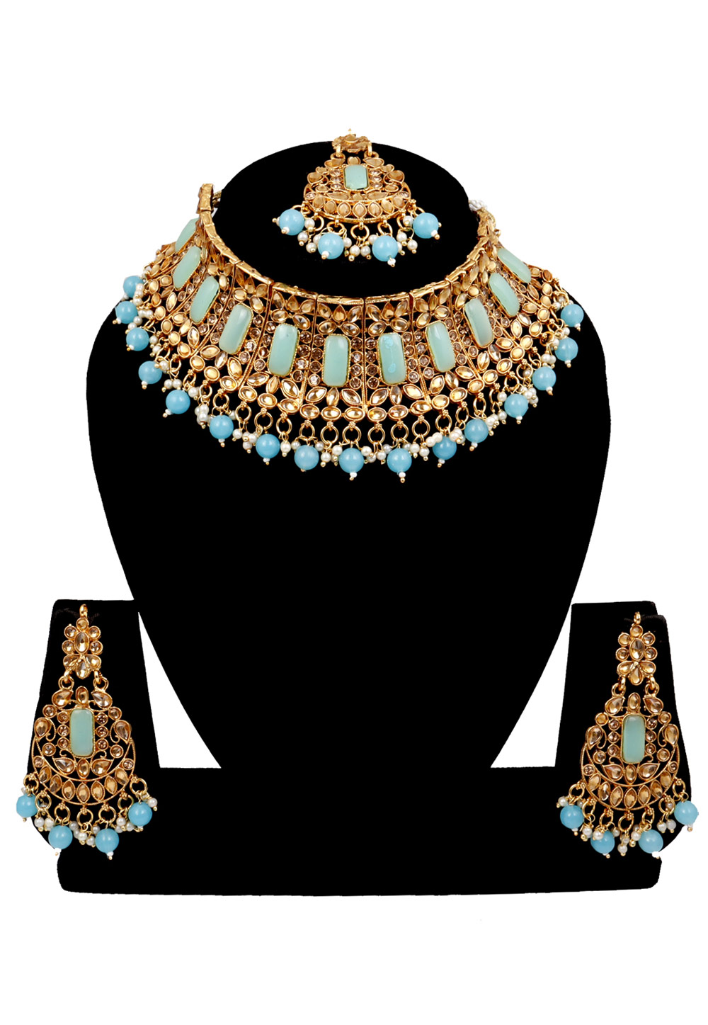 Sky Blue Alloy Austrian Diamonds and Kundan Necklace Set With Earrings and Maang Tikka 272582