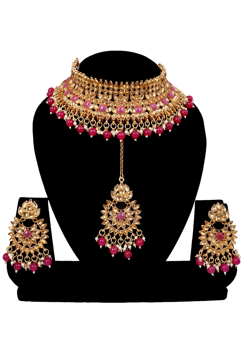 Magenta Alloy Austrian Diamonds and Kundan Necklace Set With Earrings and Maang Tikka 272583