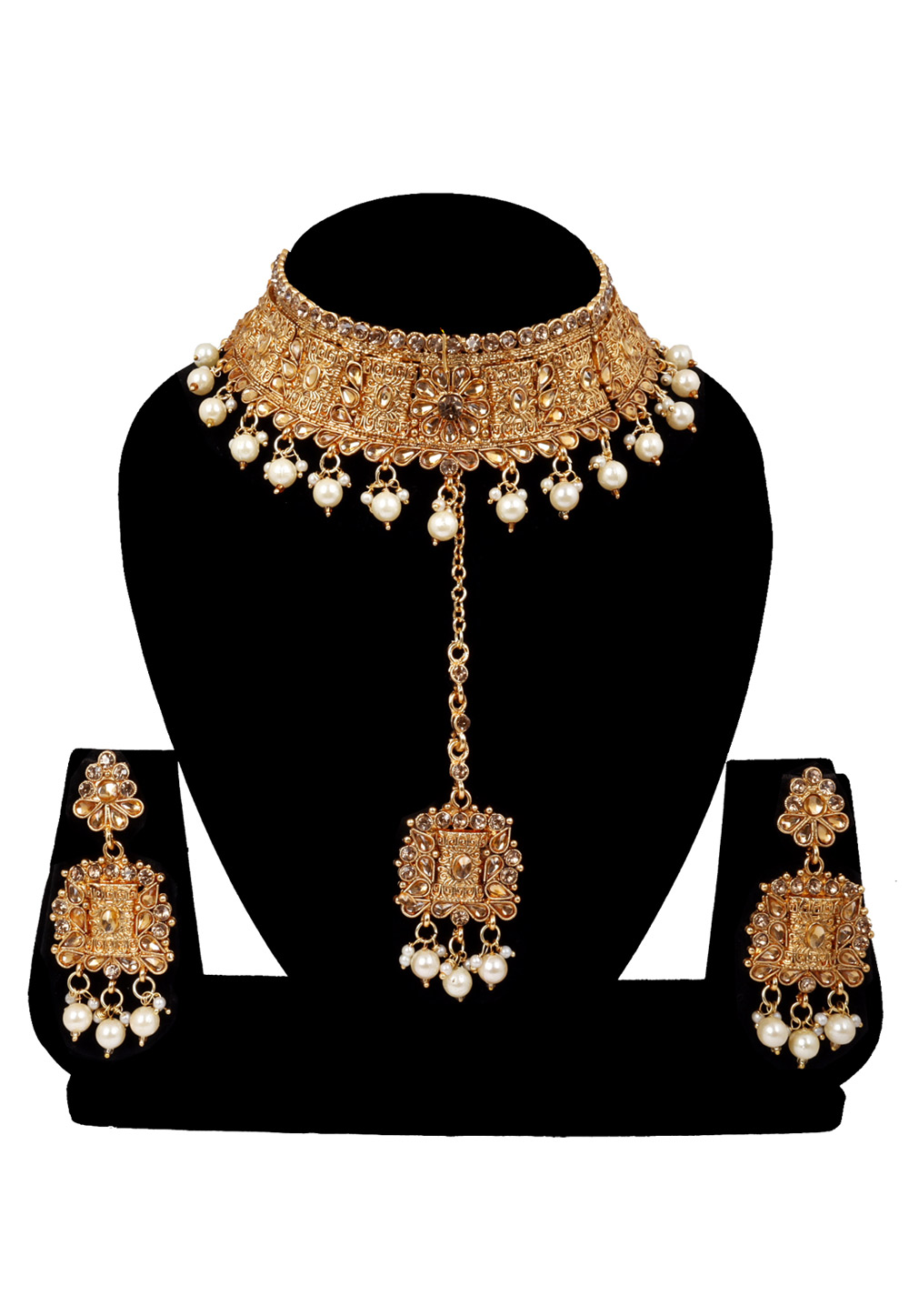 Golden Alloy Austrian Diamonds and Kundan Necklace Set With Earrings and Maang Tikka 272584