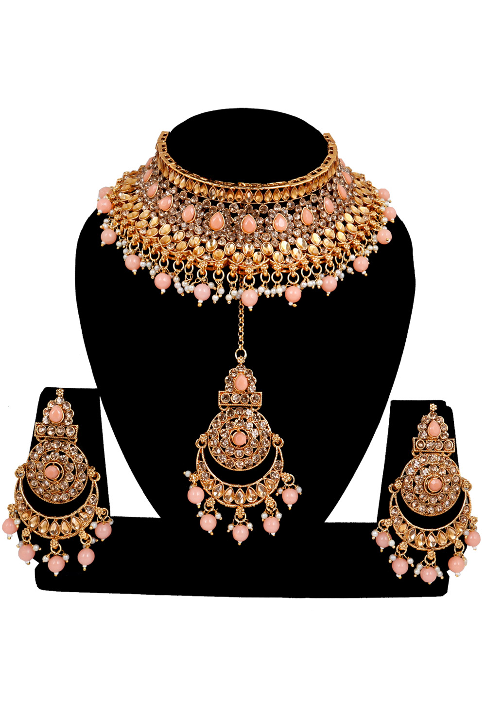 Peach Alloy Austrian Diamonds and Kundan Necklace Set With Earrings and Maang Tikka 272586